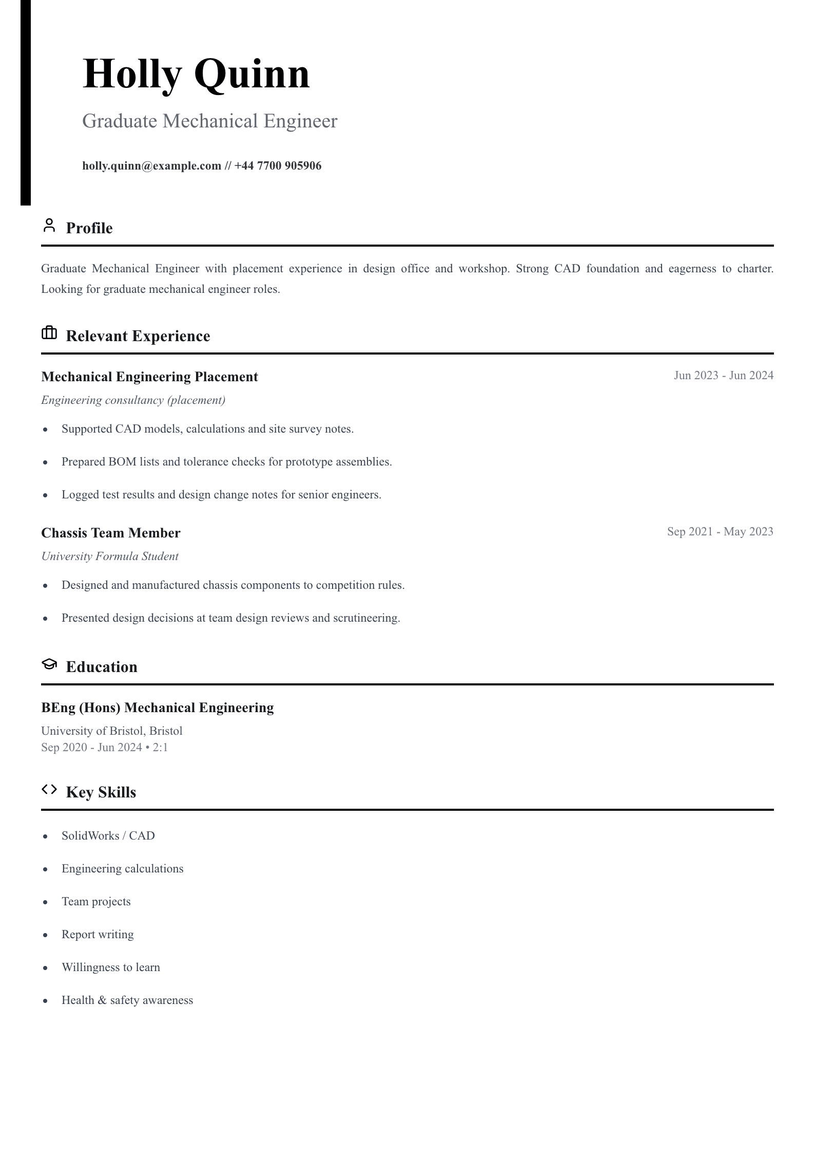 graduate mechanical engineer cv template