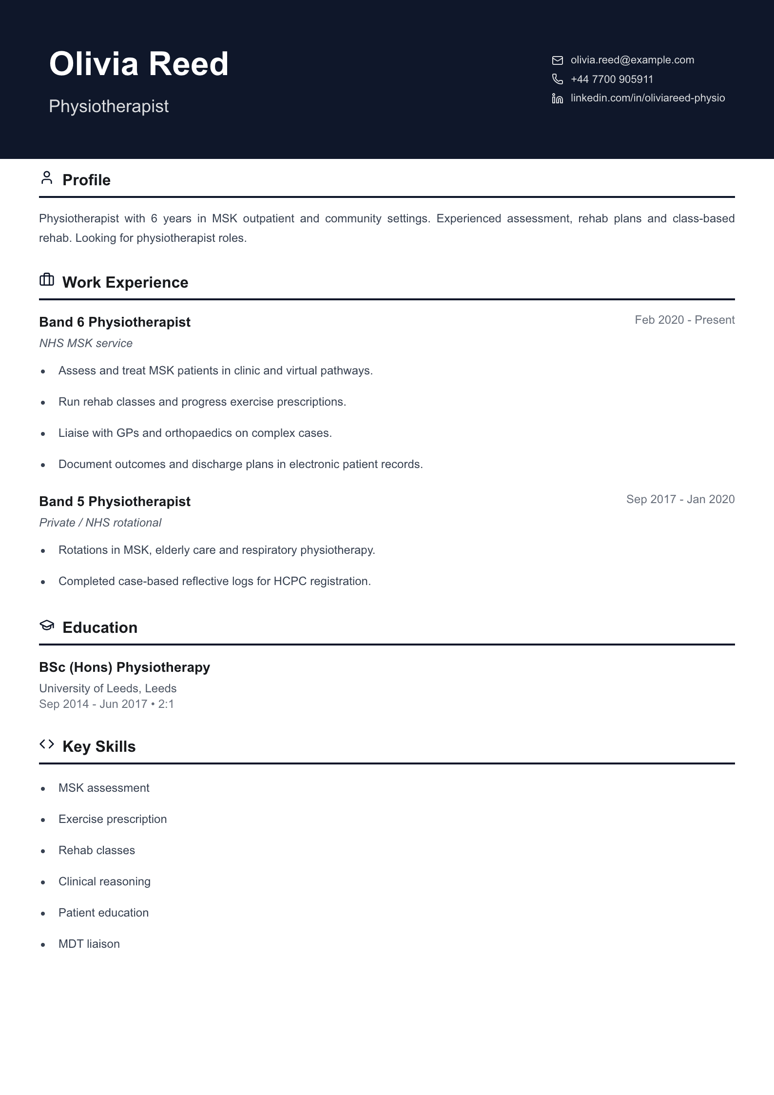 free medical cv template physiotherapist