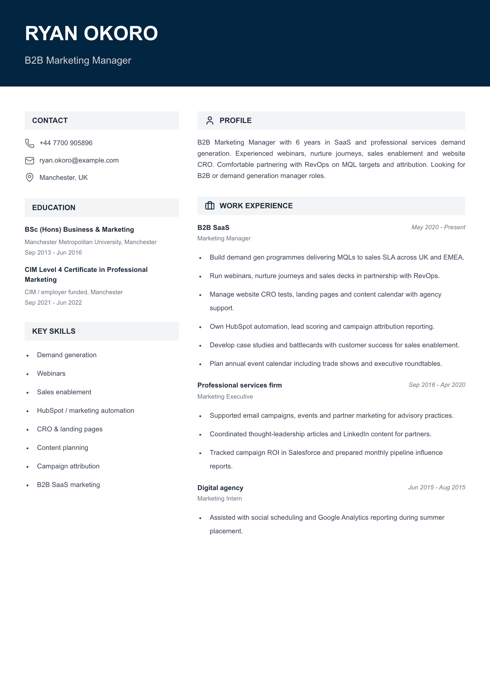 b2b marketing manager cv template