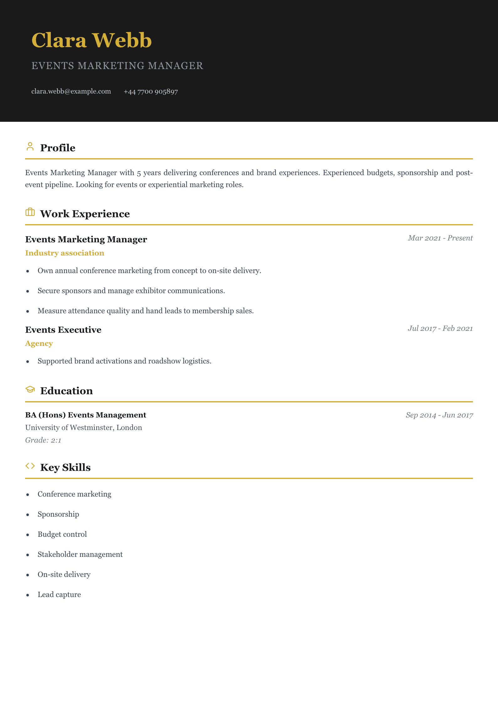 events marketing manager cv template