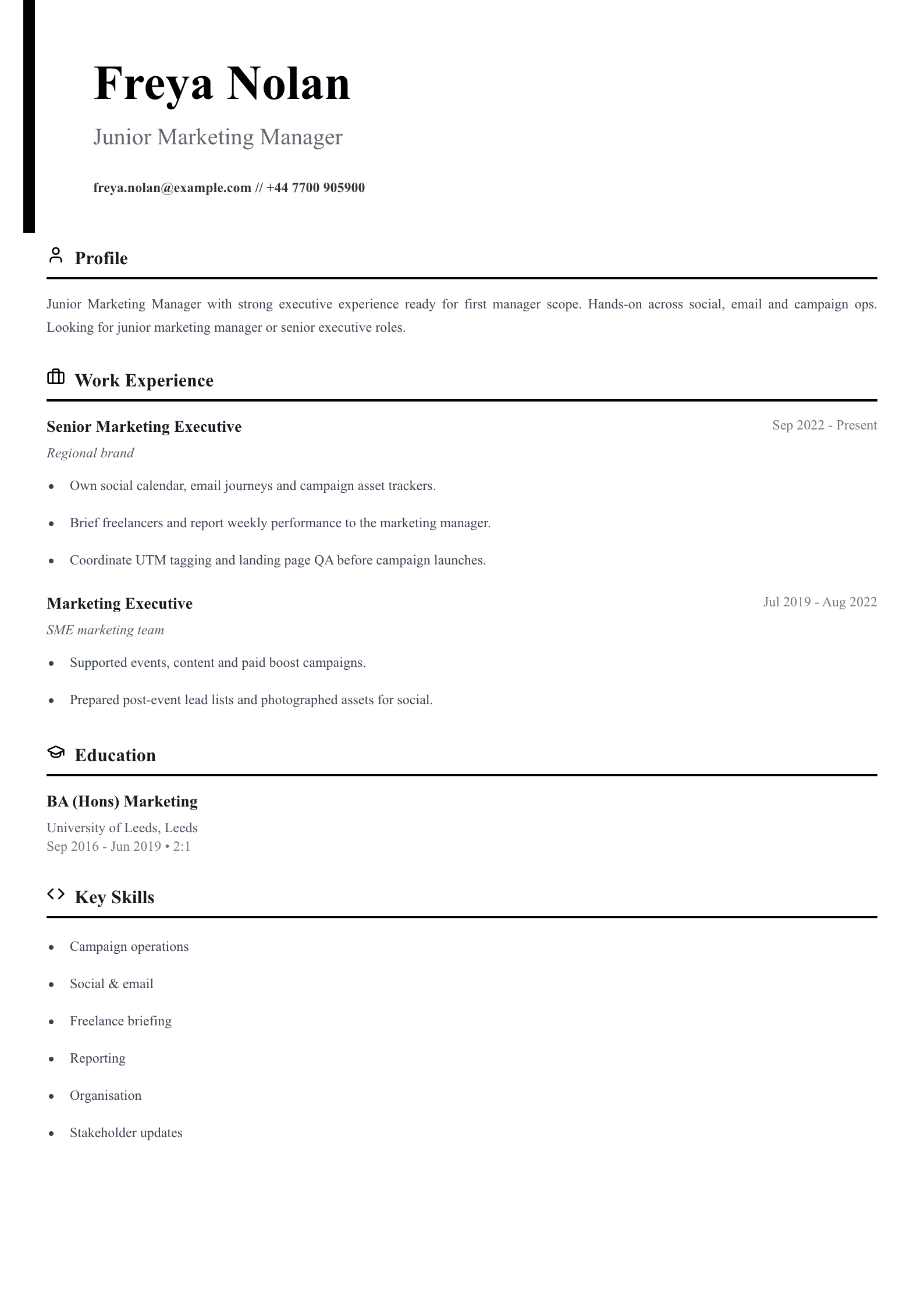 junior marketing manager cv template