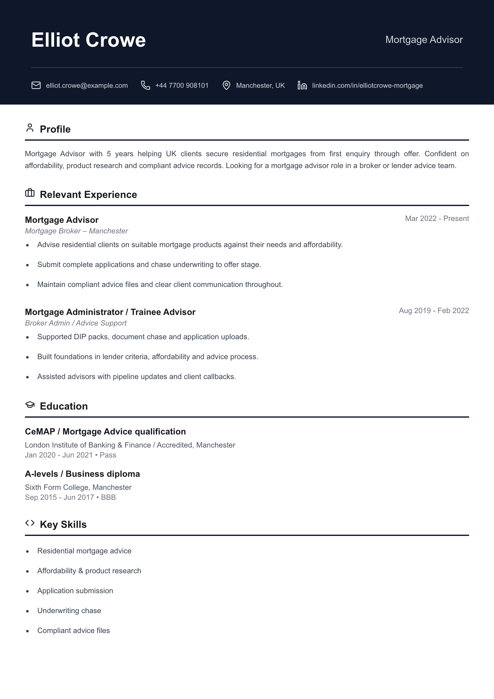 Mortgage advisor CV template