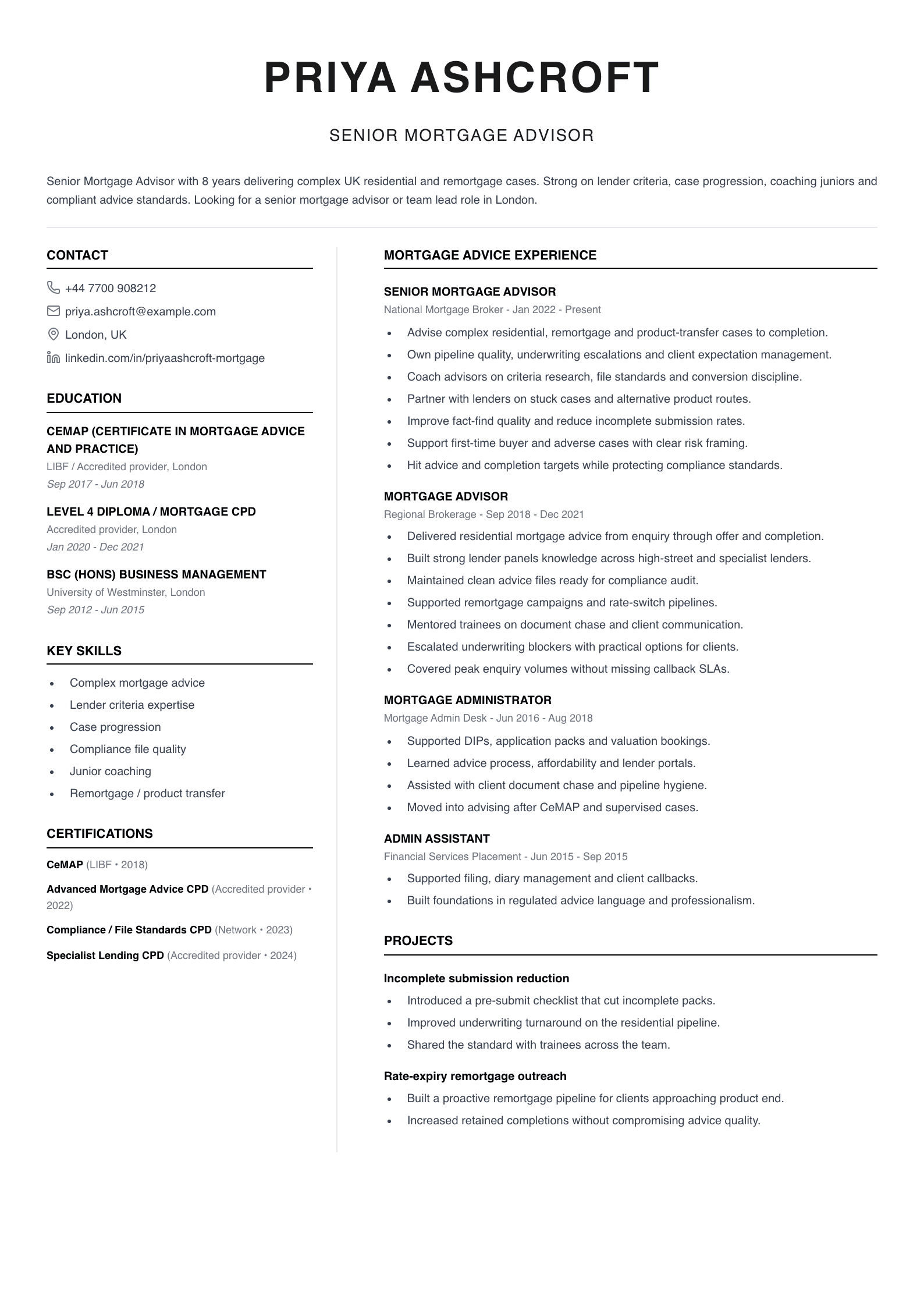 senior mortgage advisor CV template