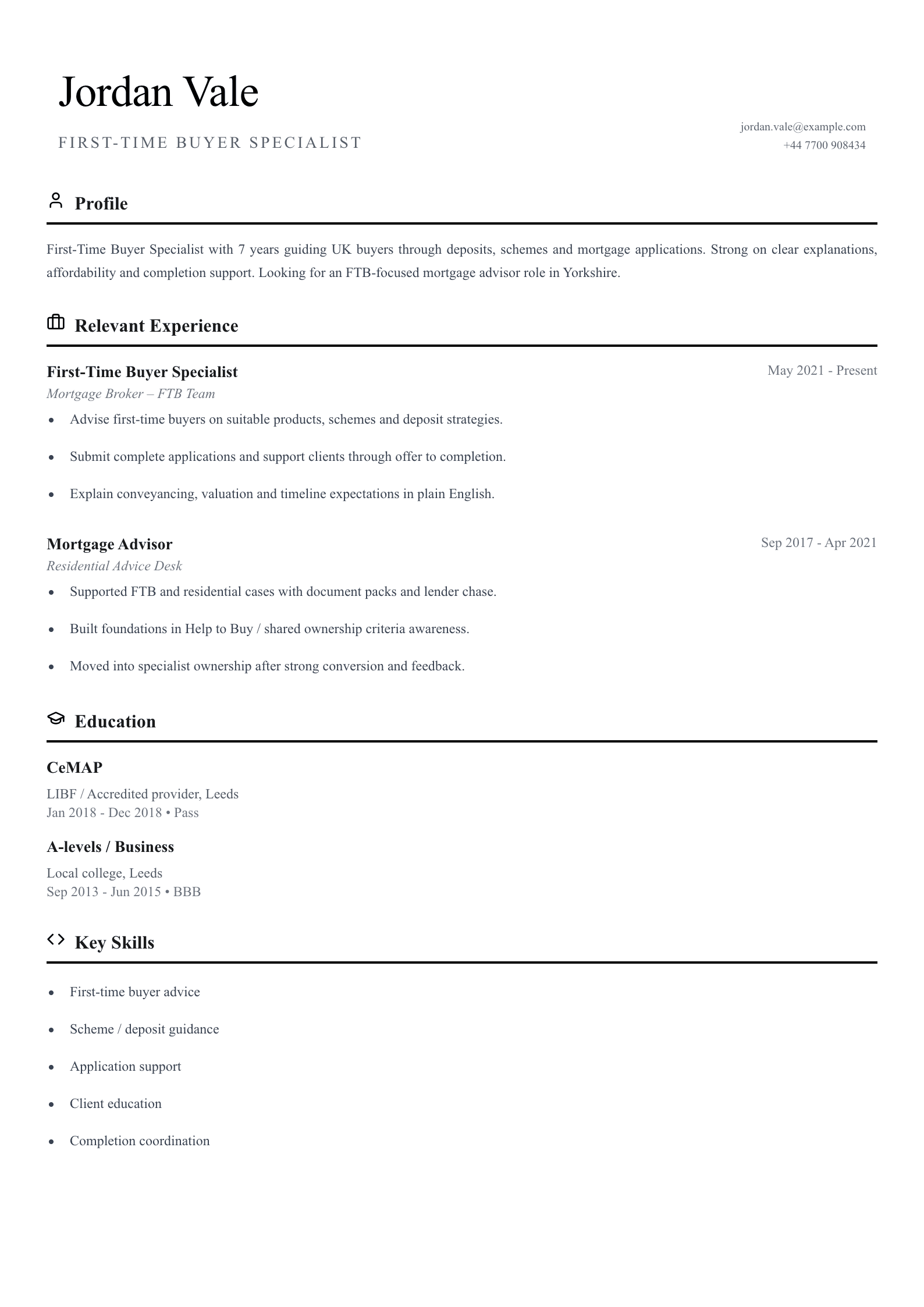 First-time buyer specialist CV template