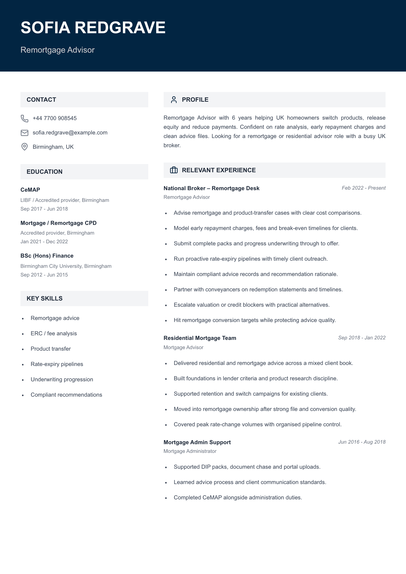 remortgage advisor CV template