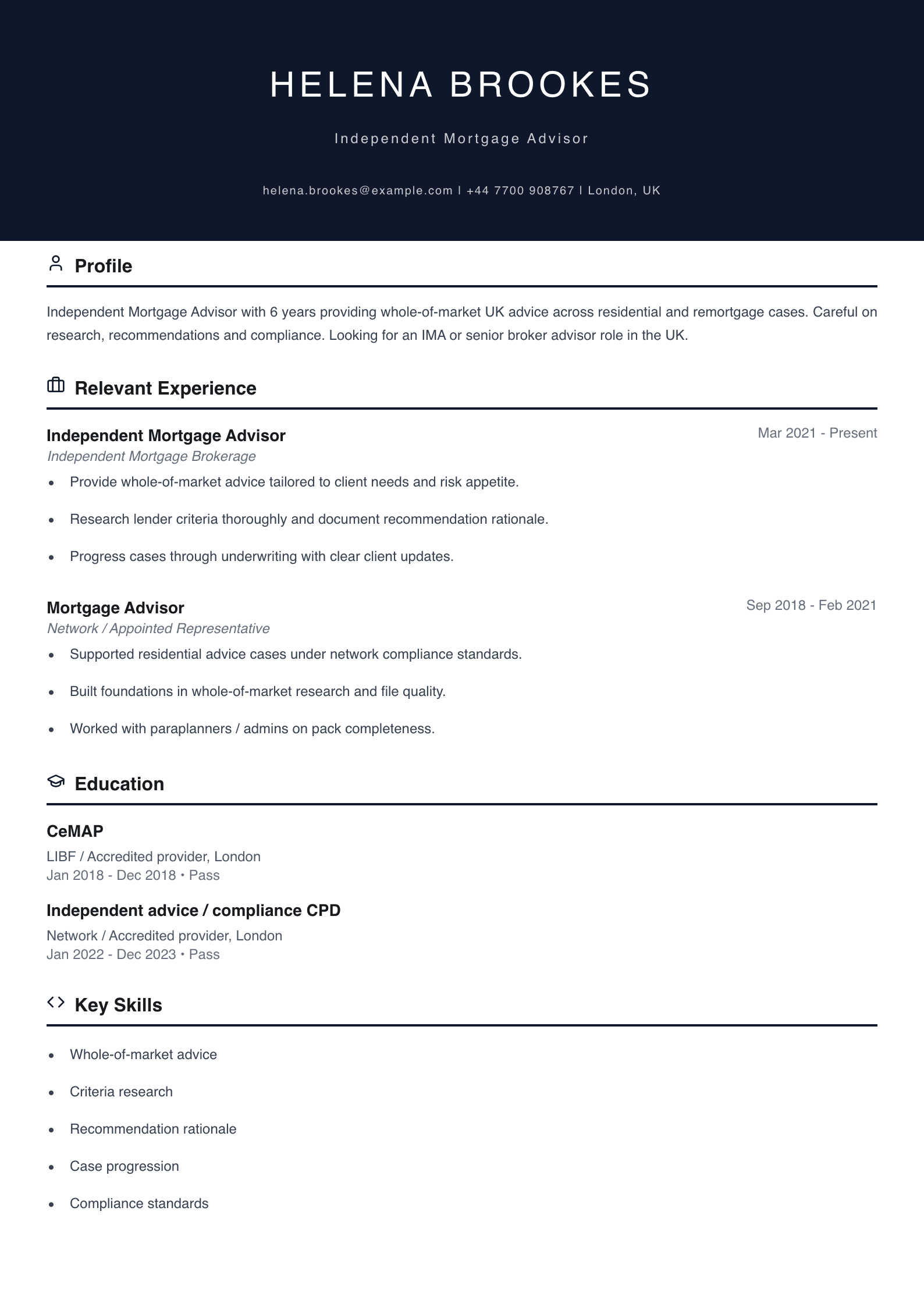 independent mortgage advisor CV template