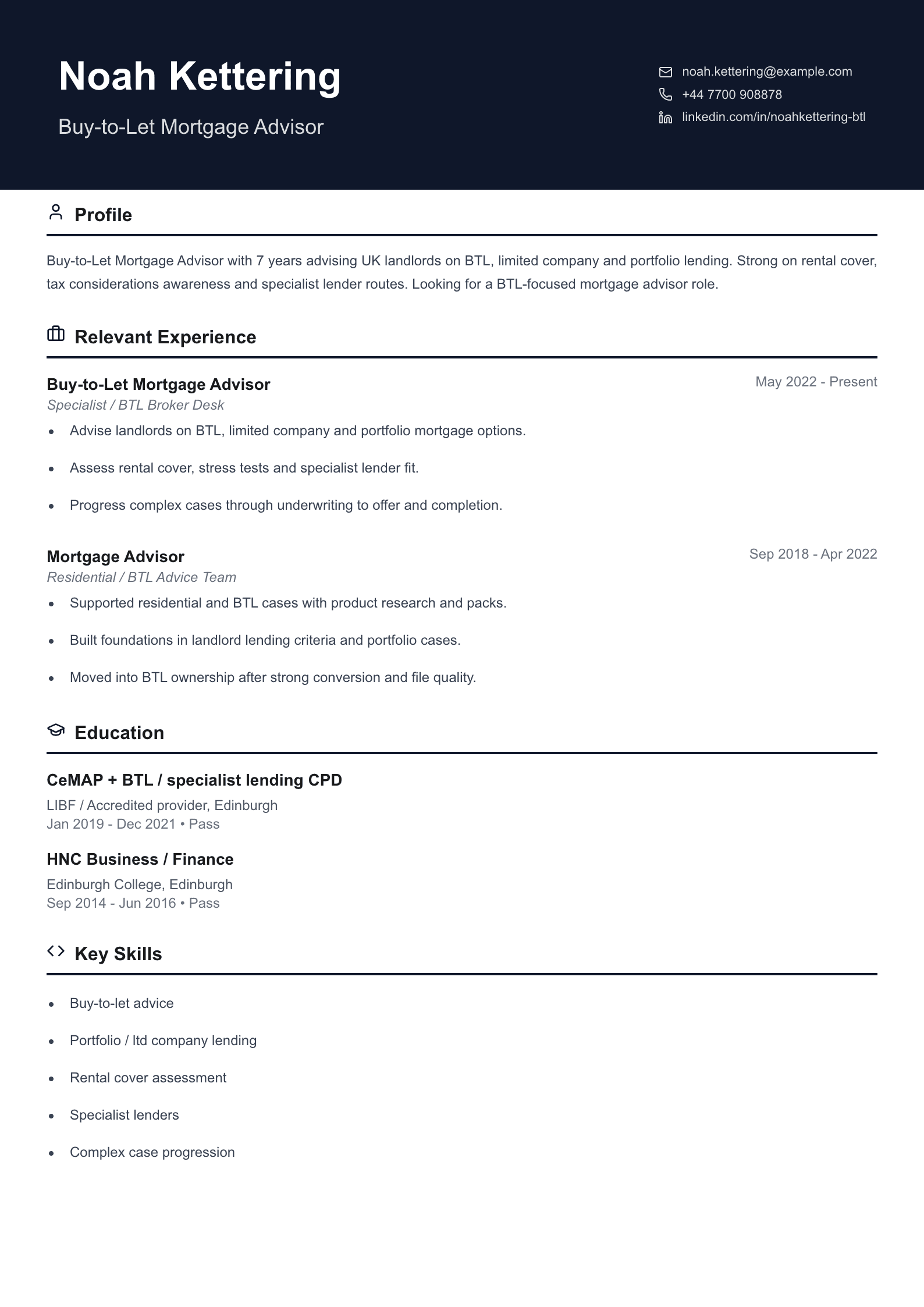 buy-to-let mortgage advisor CV template
