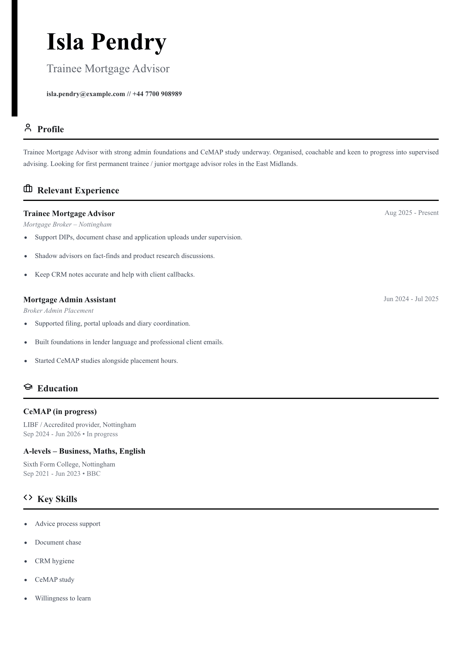trainee mortgage advisor CV template