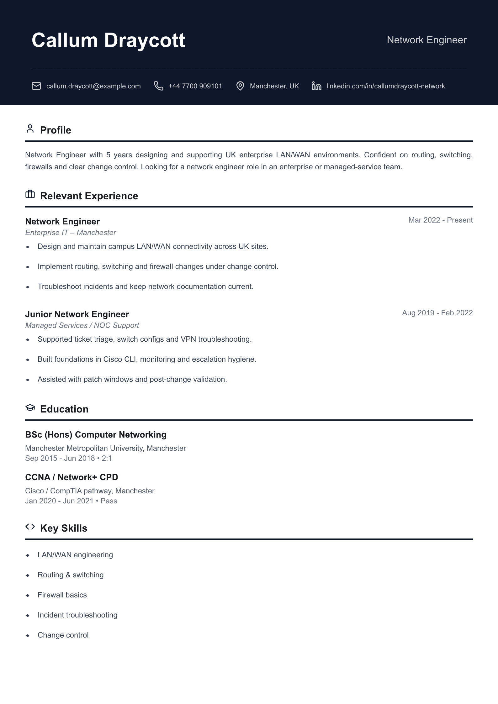 Network engineer CV template