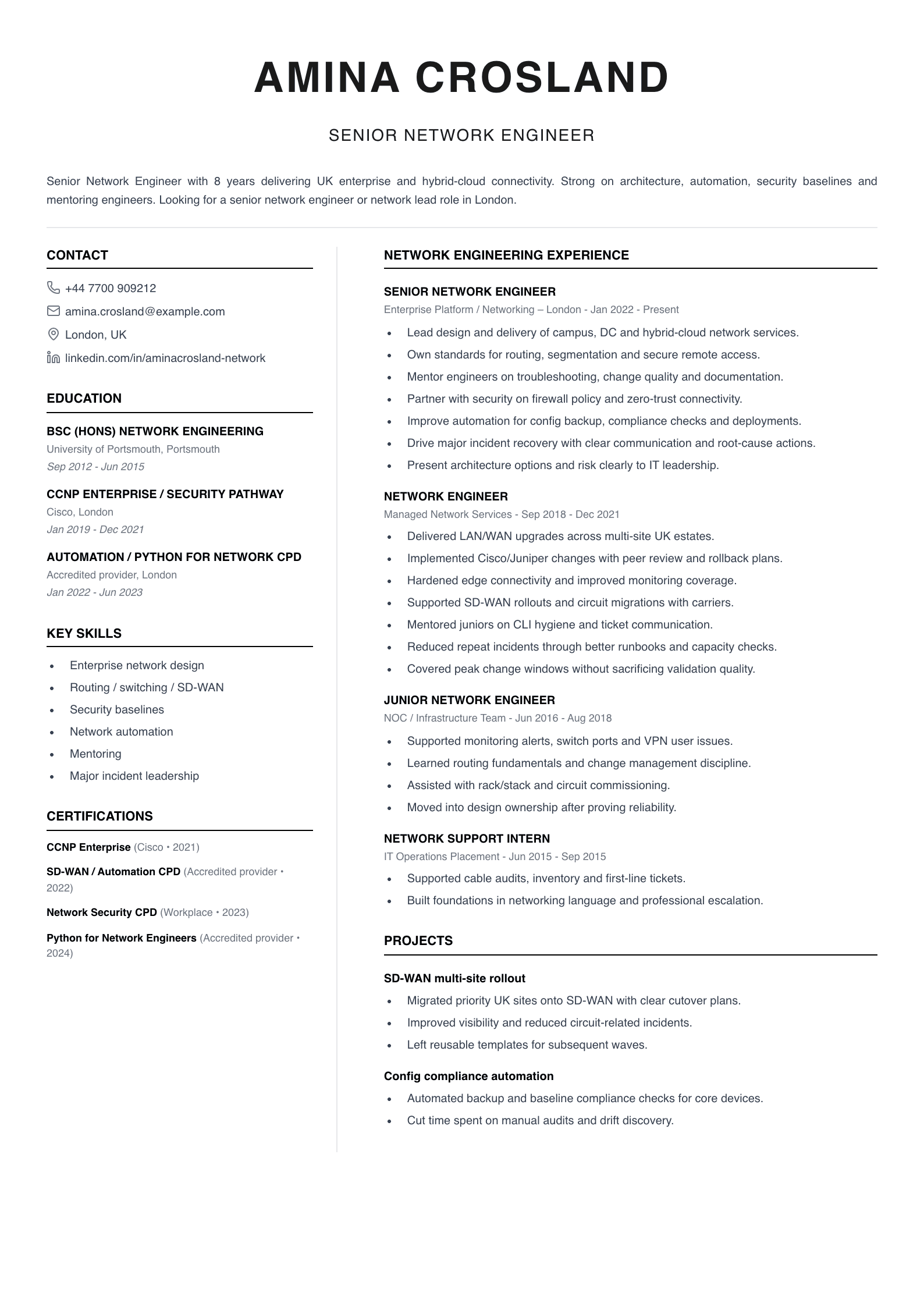 senior network engineer CV template