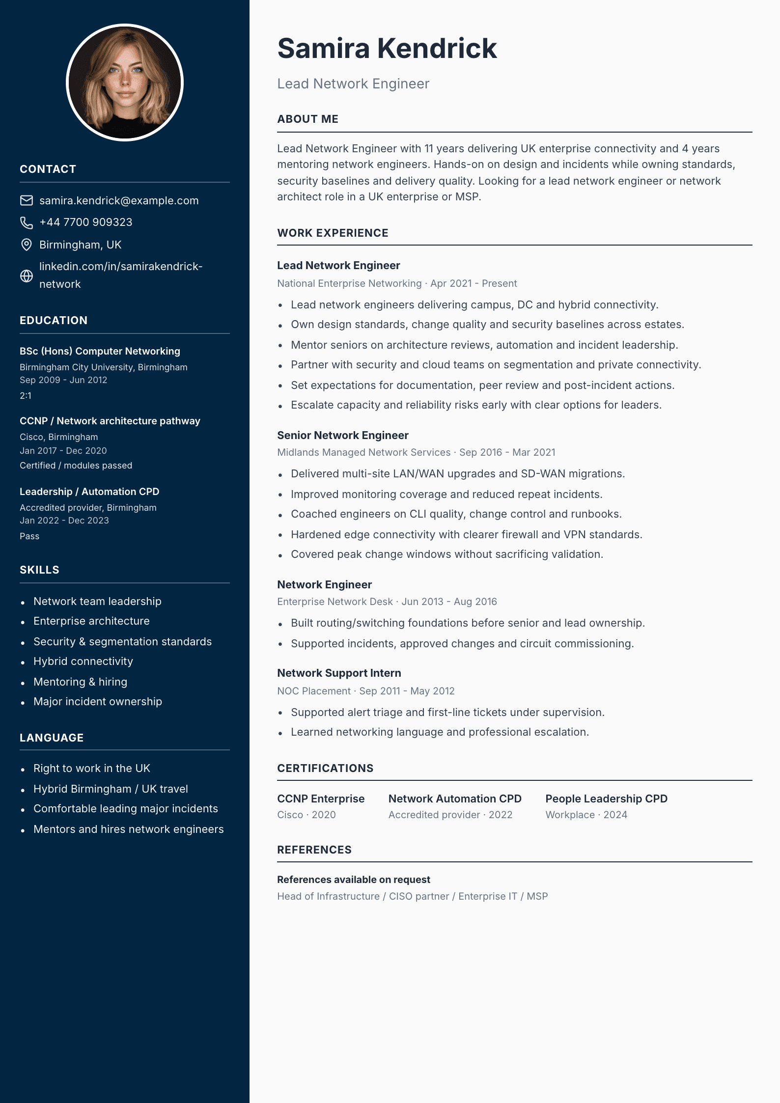 Lead network engineer CV template