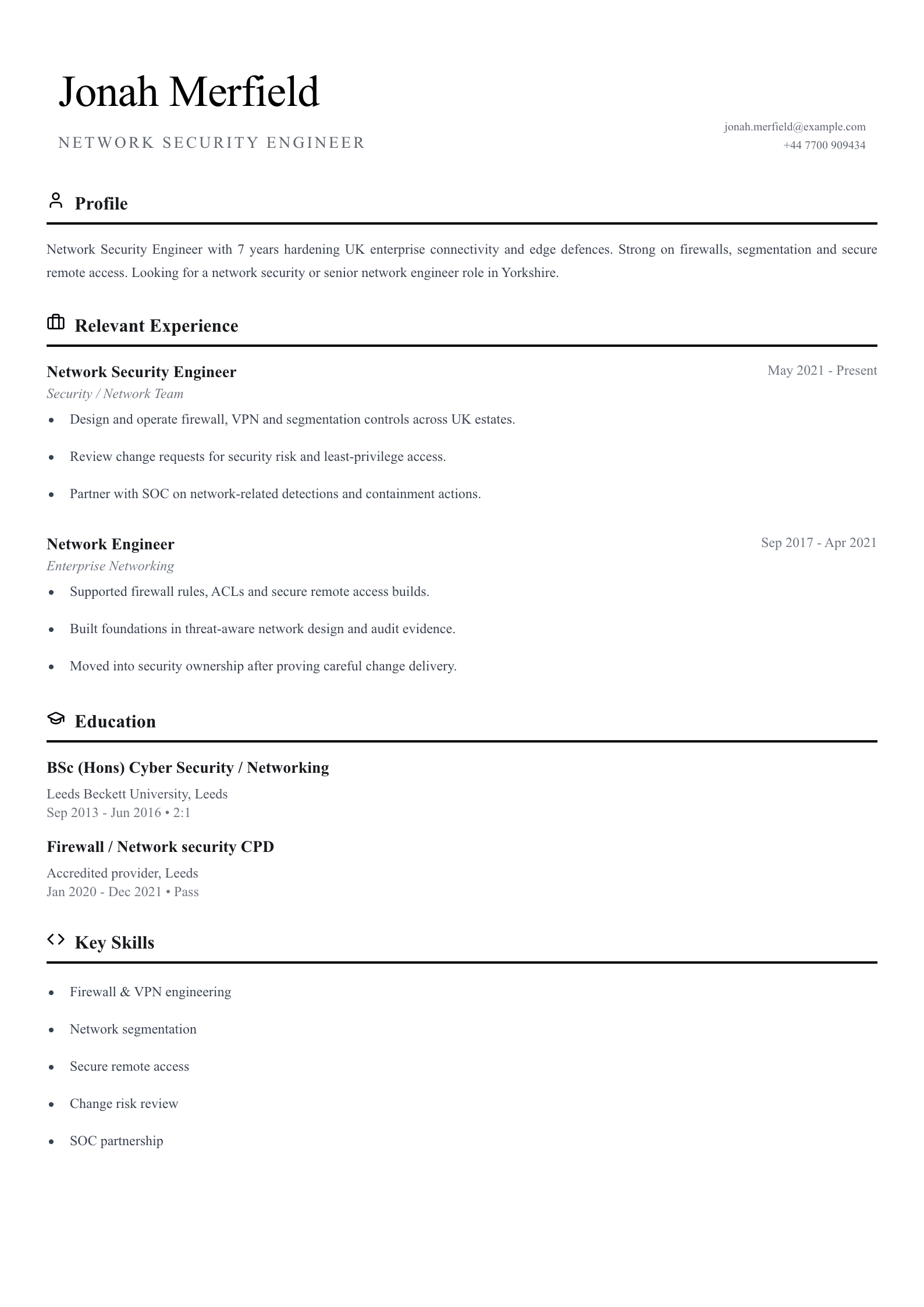 Network security engineer CV template