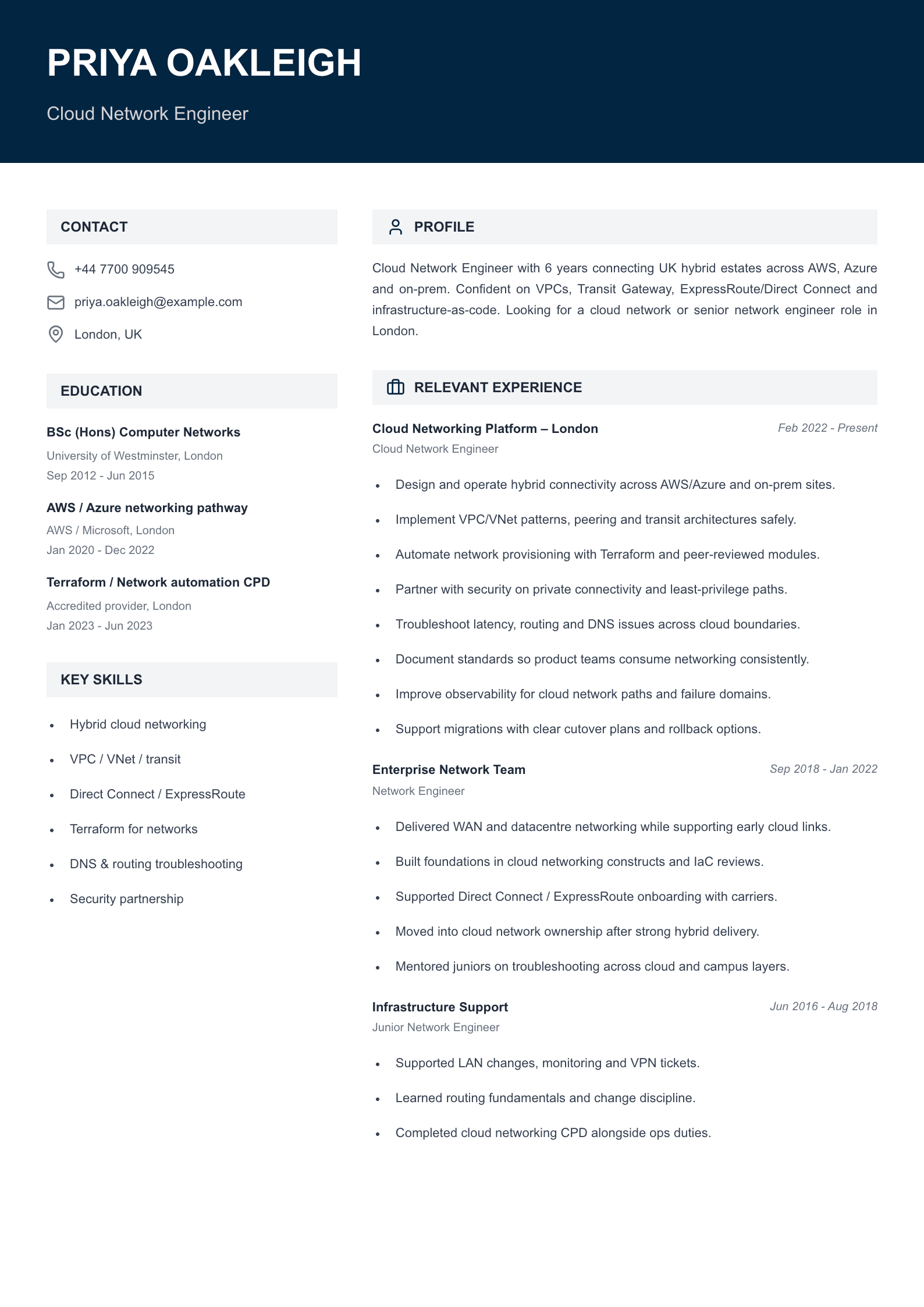 cloud network engineer CV template