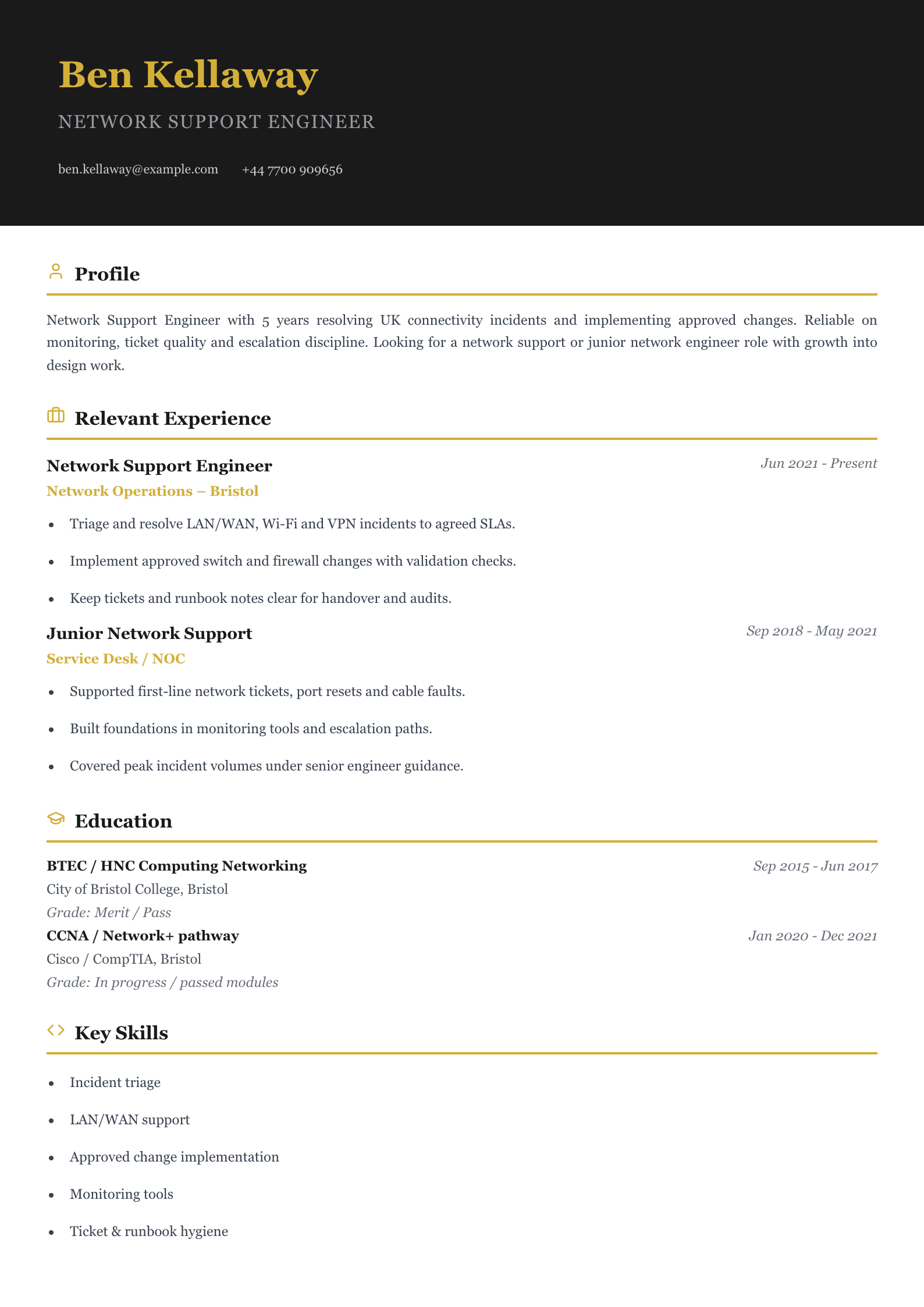 network support engineer CV template