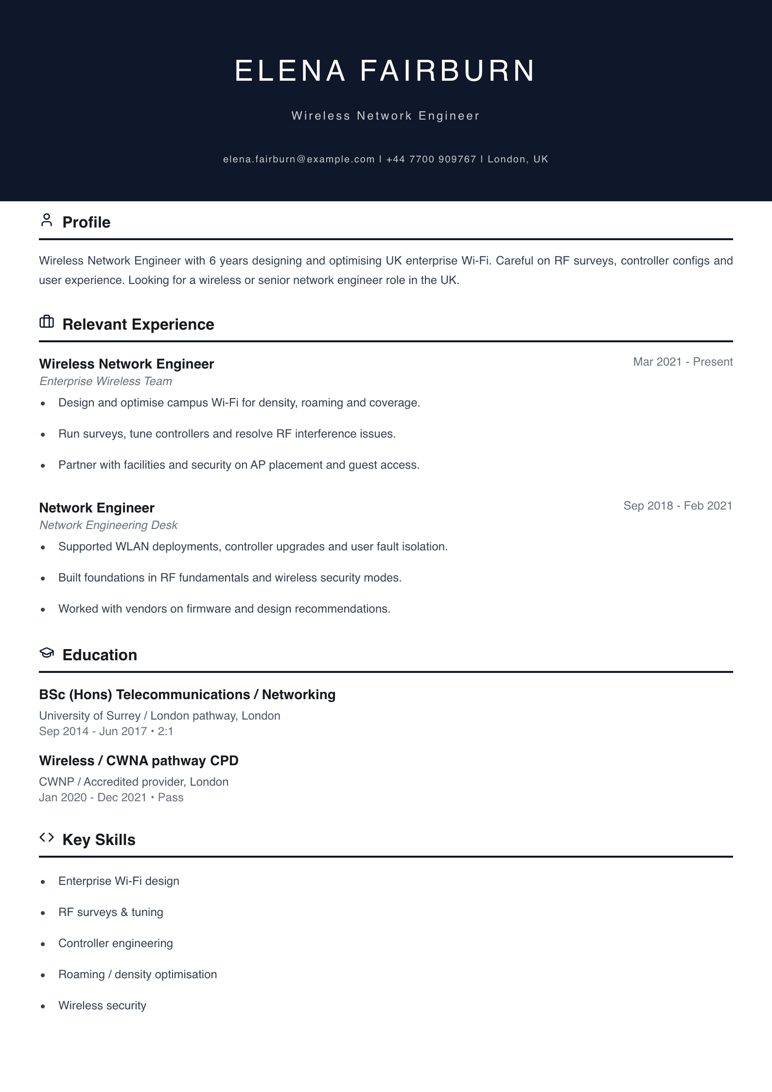 wireless network engineer CV template