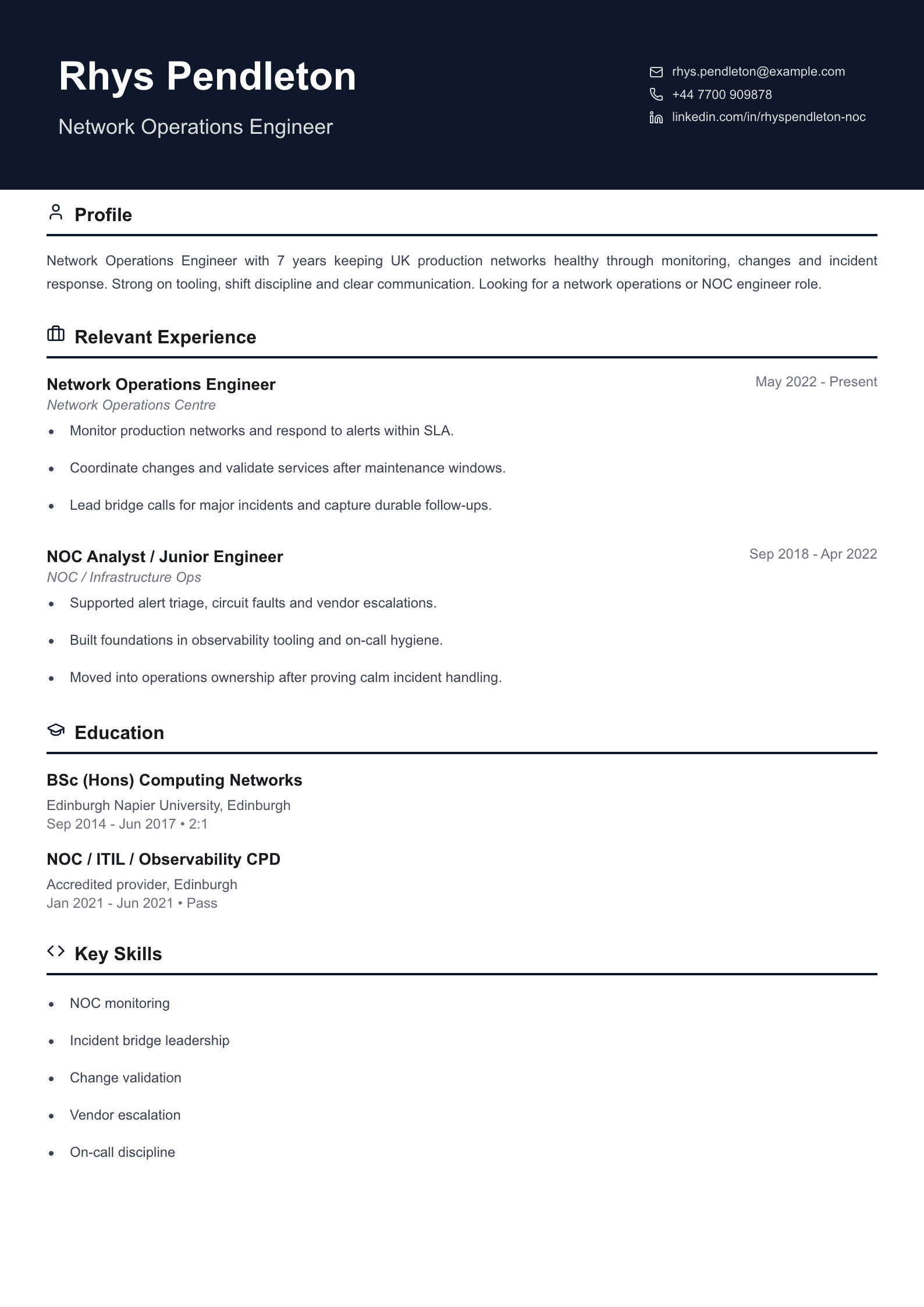 network operations engineer CV template