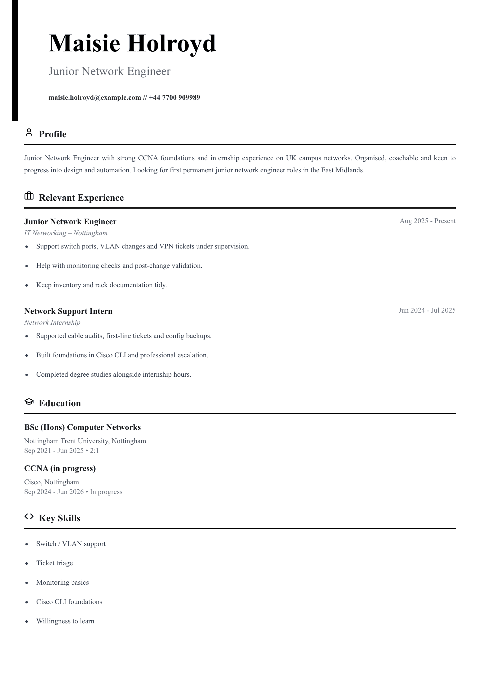 junior network engineer CV template
