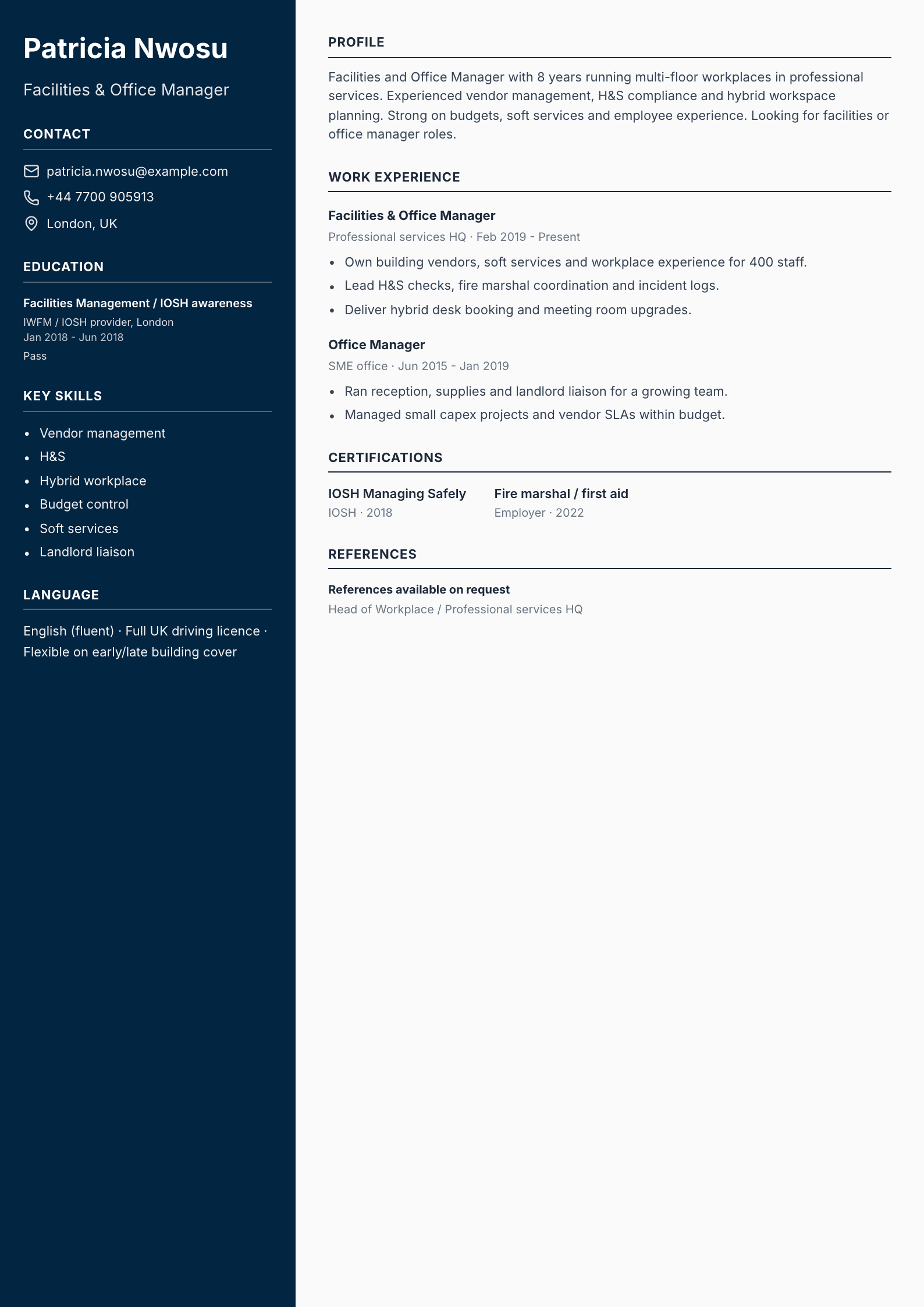 facilities office manager cv template