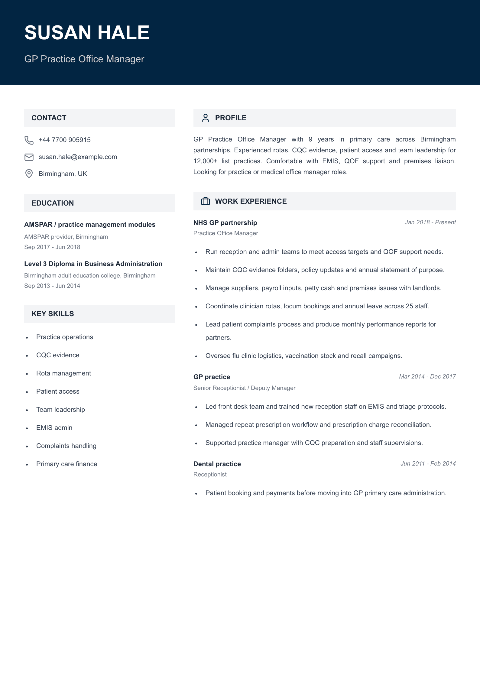 gp practice office manager cv template