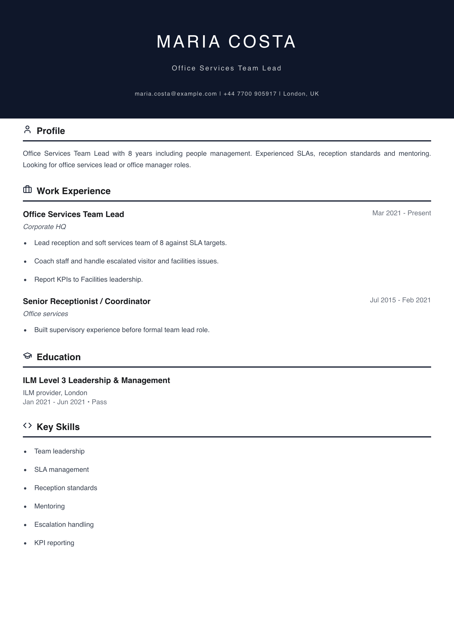office services team lead cv template