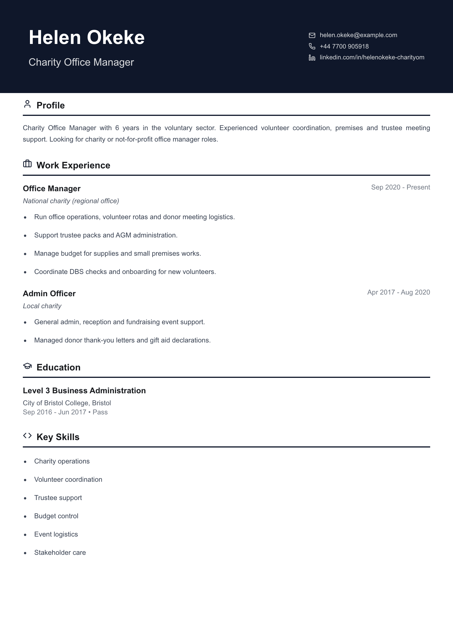 charity office manager cv template