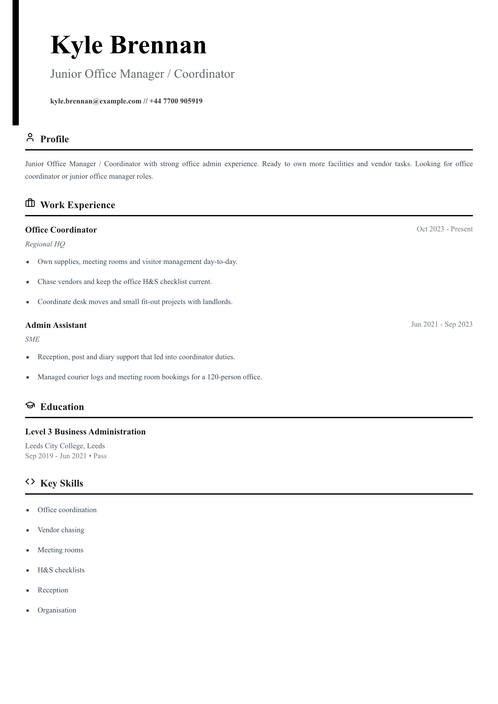 junior office manager cv template