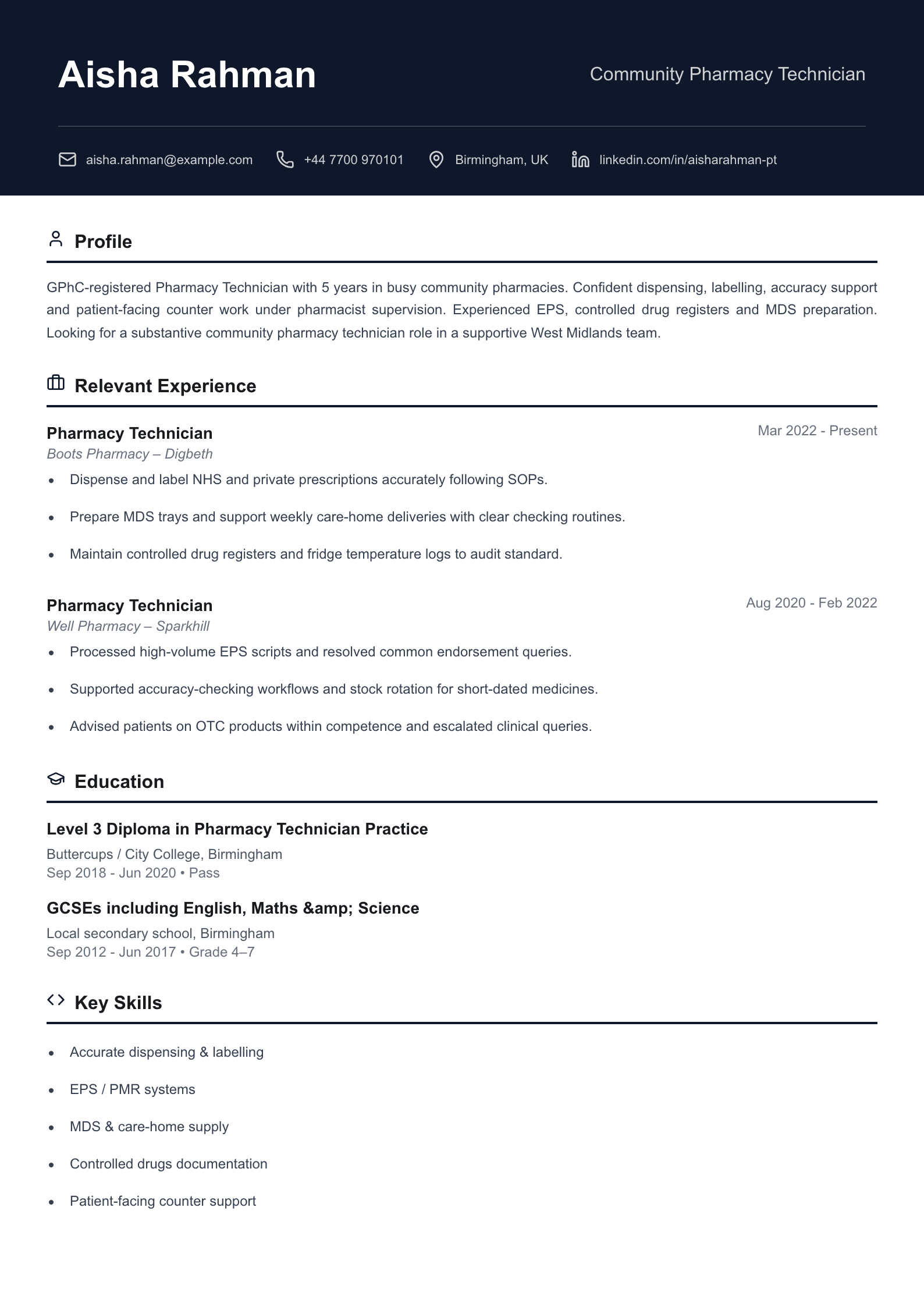 Community pharmacy technician CV template