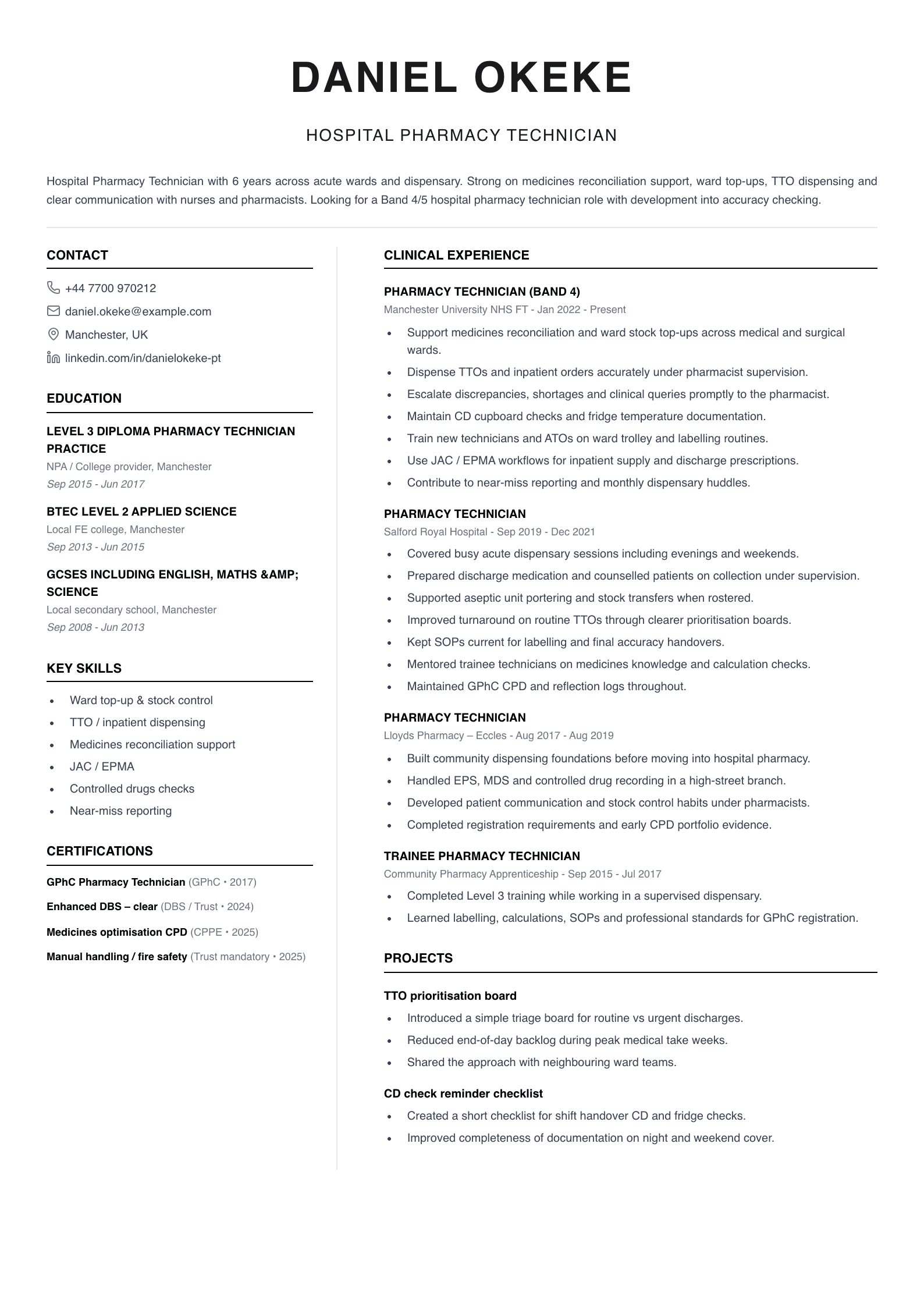 hospital pharmacy technician CV template