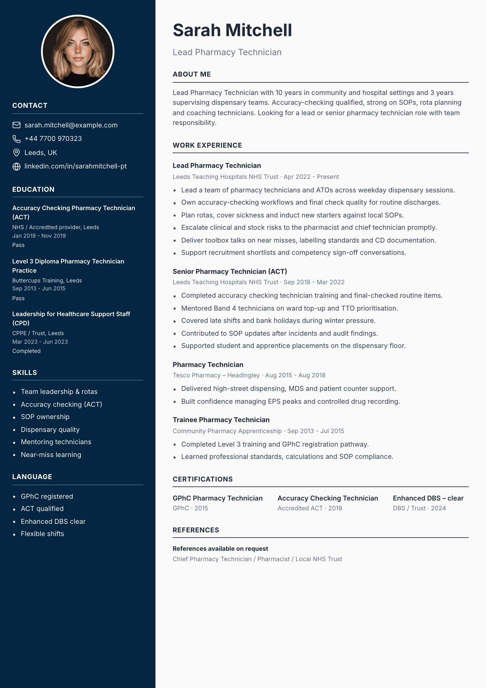 Lead pharmacy technician CV template