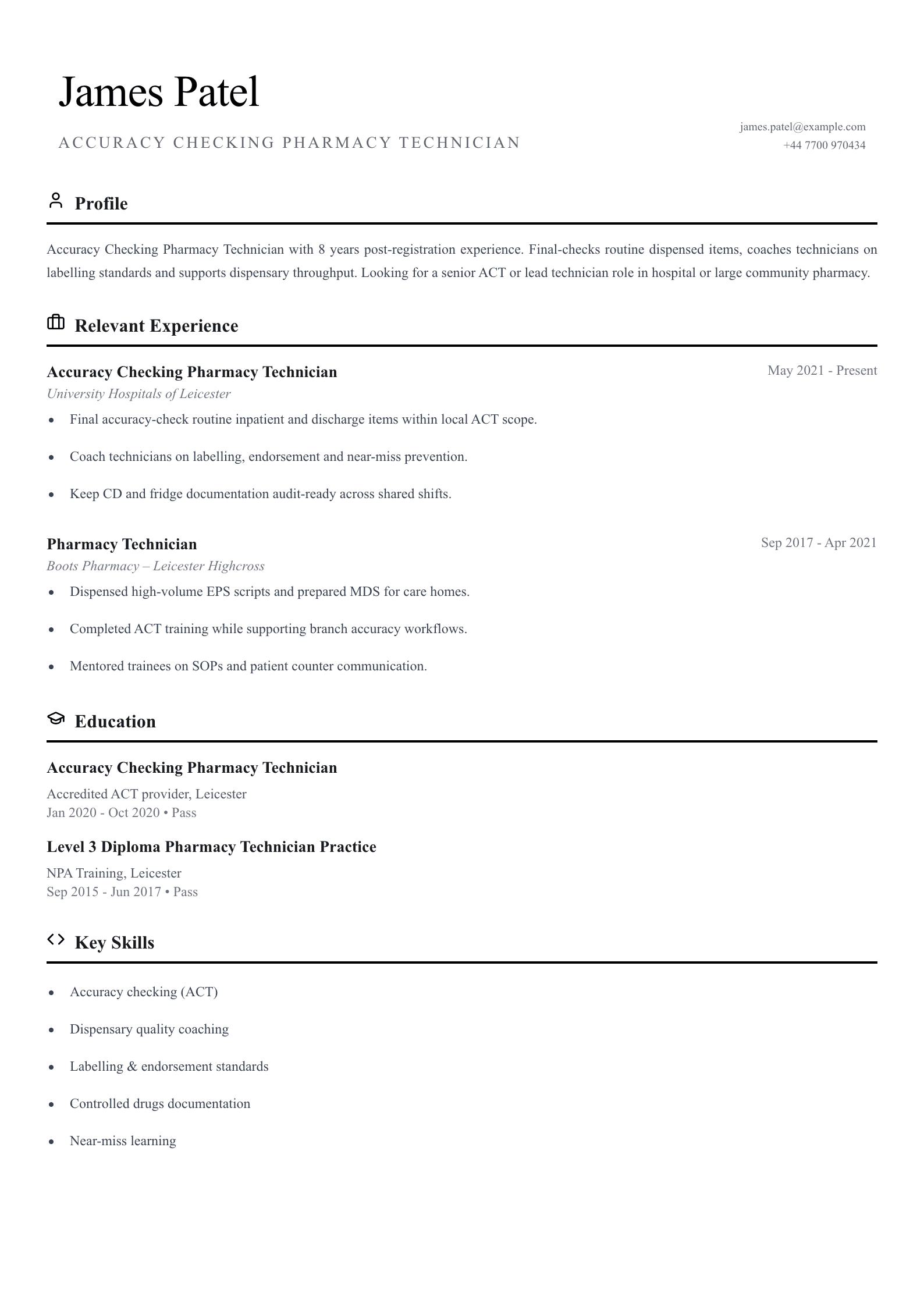 Accuracy checking pharmacy technician CV template