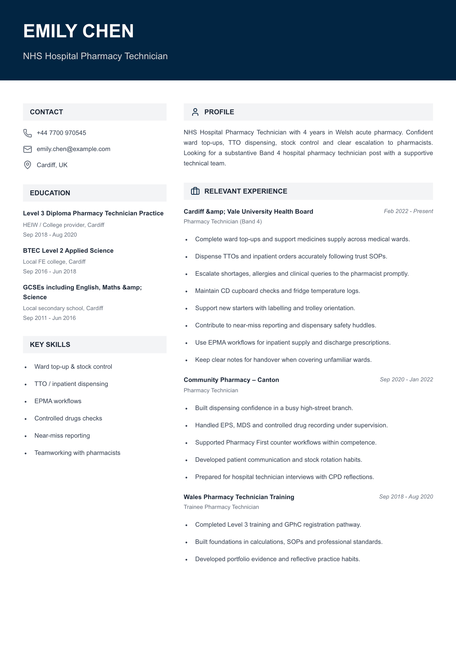 NHS hospital pharmacy technician CV template