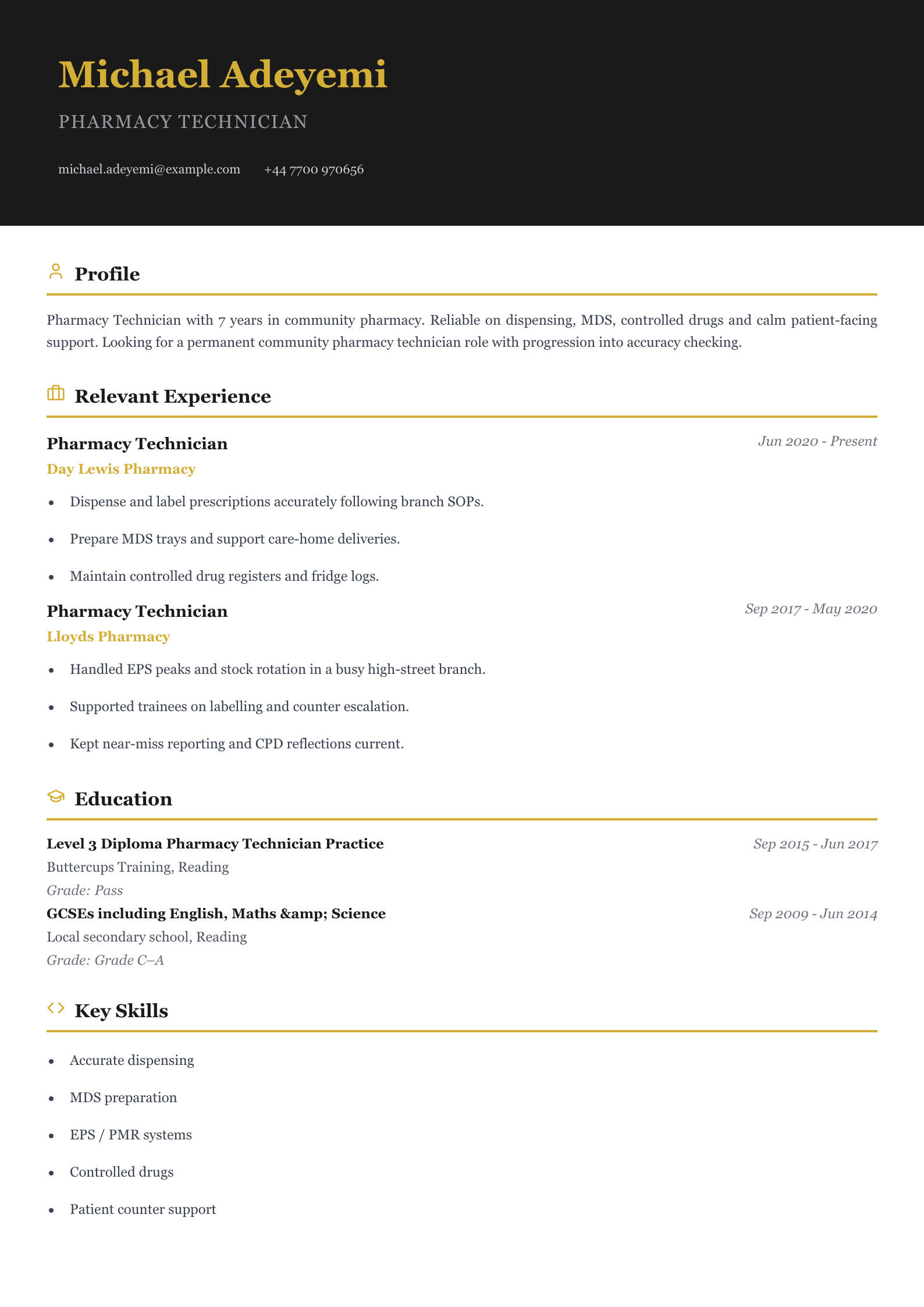 community pharmacy technician CV template lean
