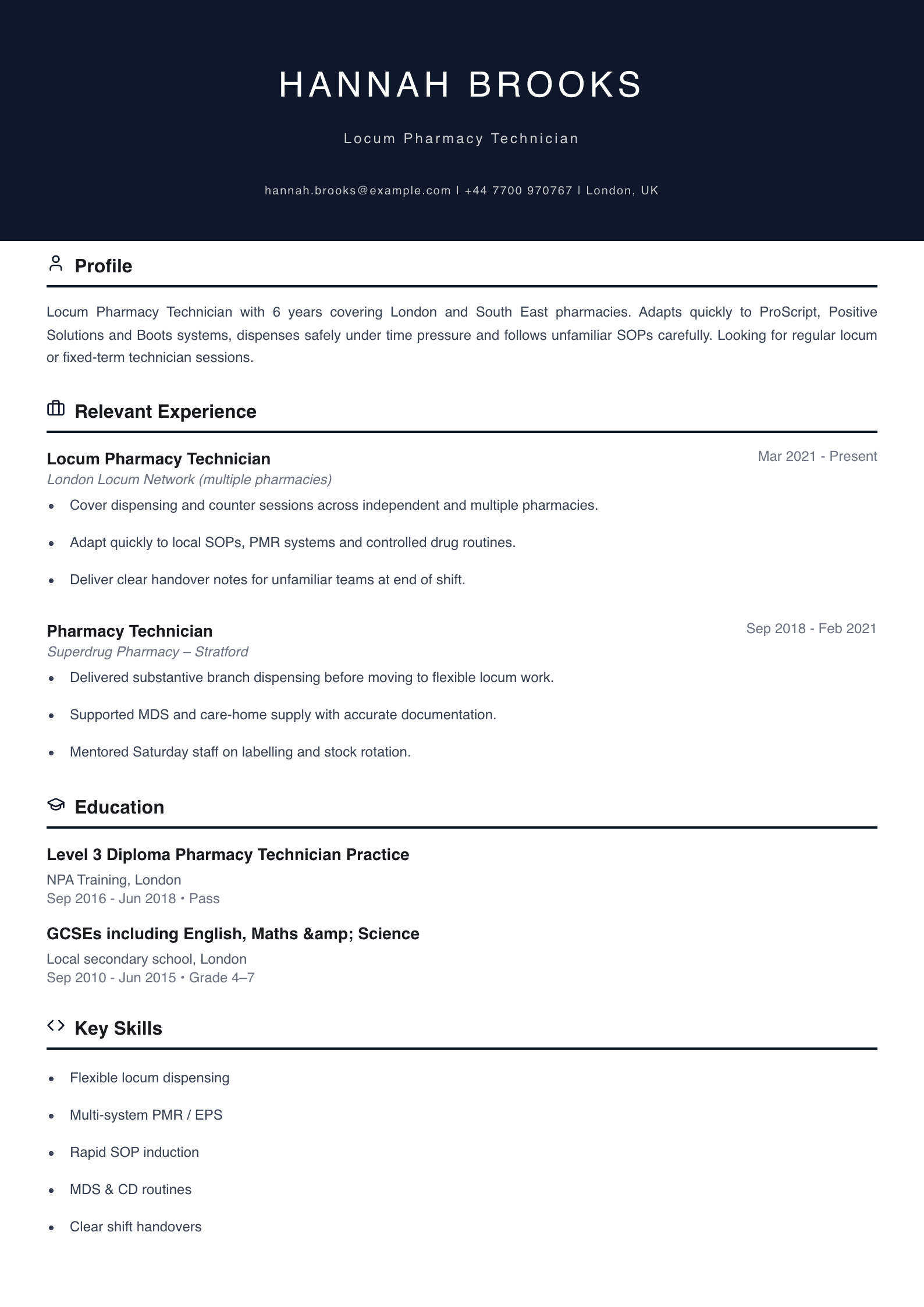 locum pharmacy technician CV template