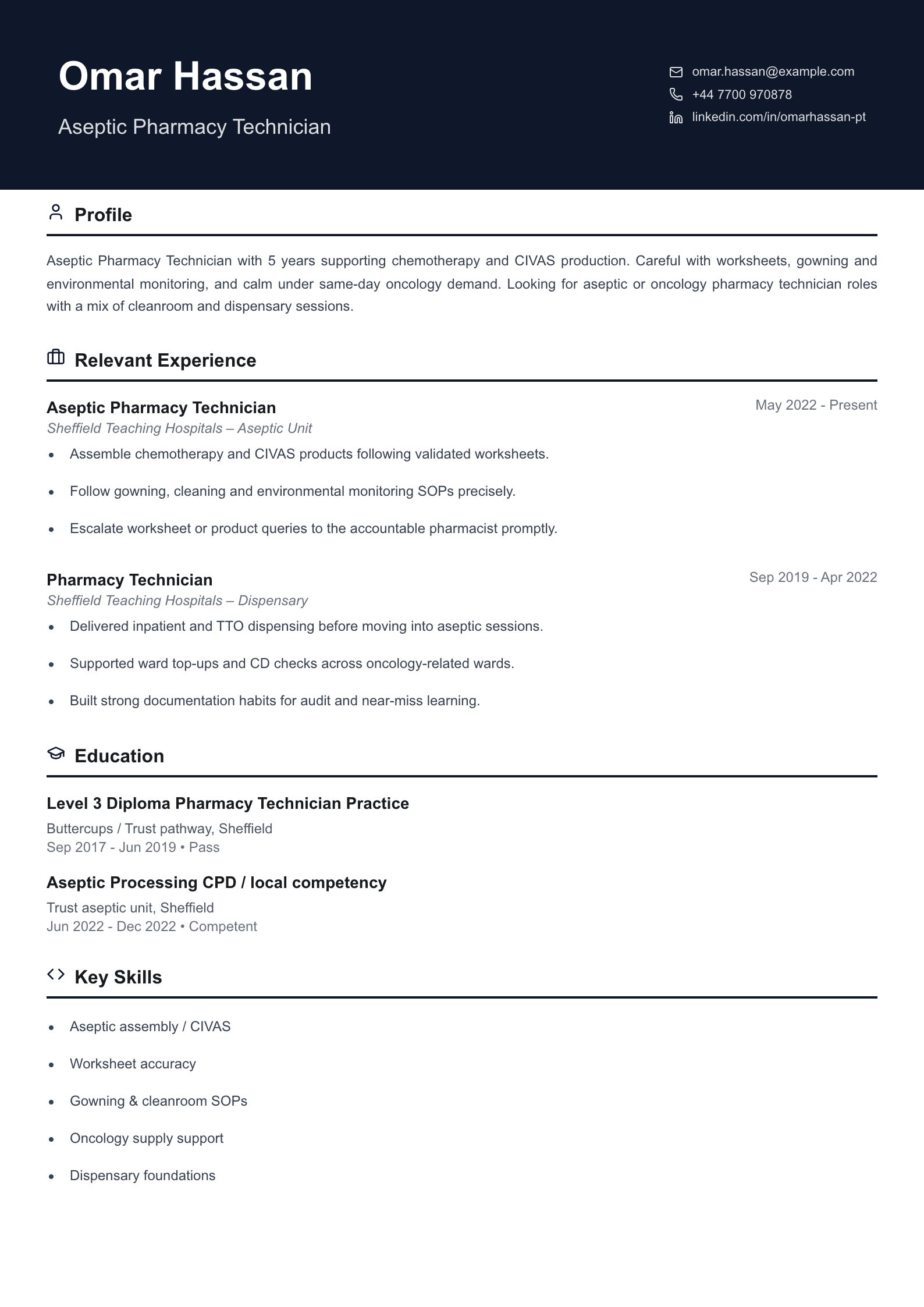 aseptic pharmacy technician CV template