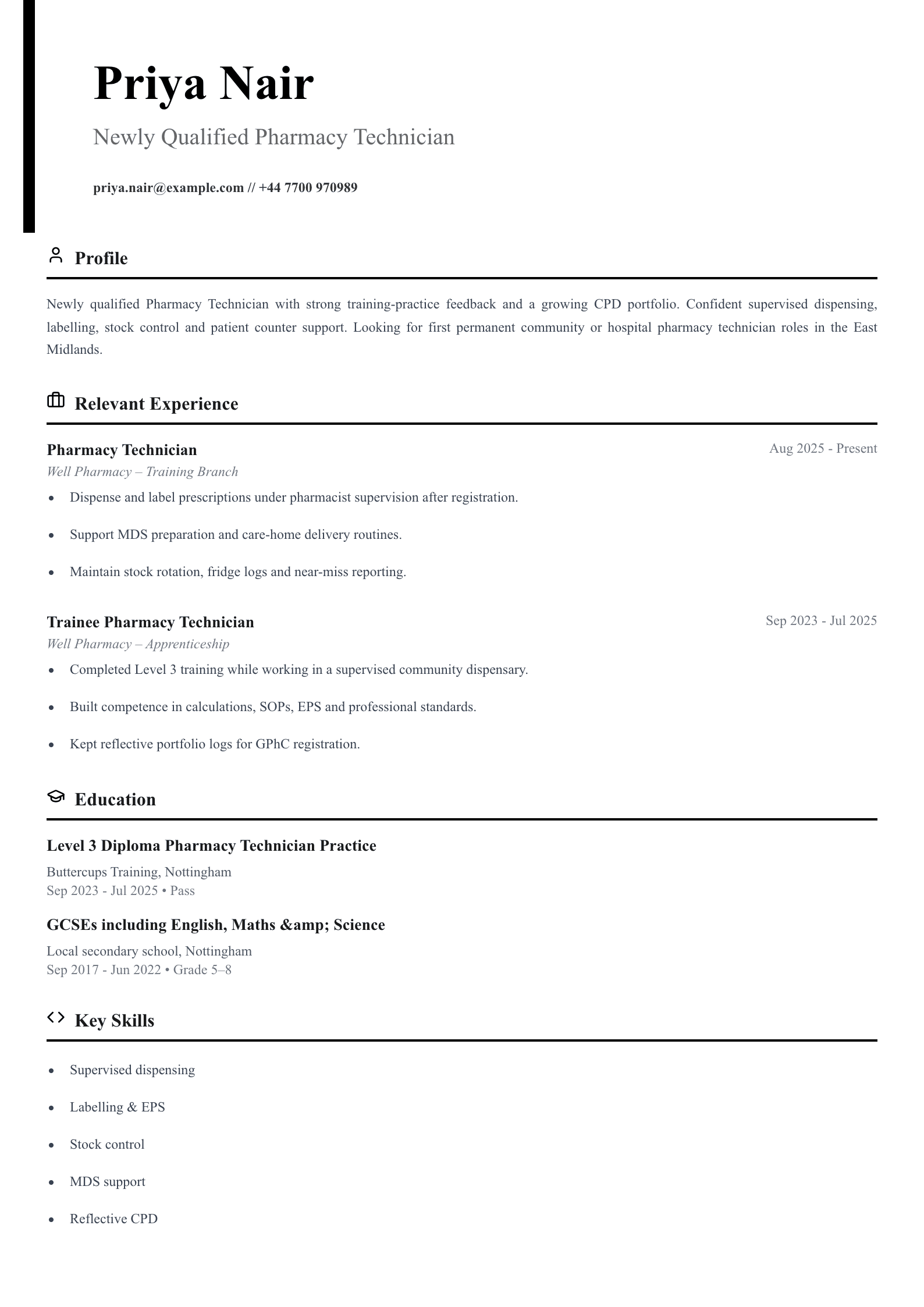 newly qualified pharmacy technician CV template