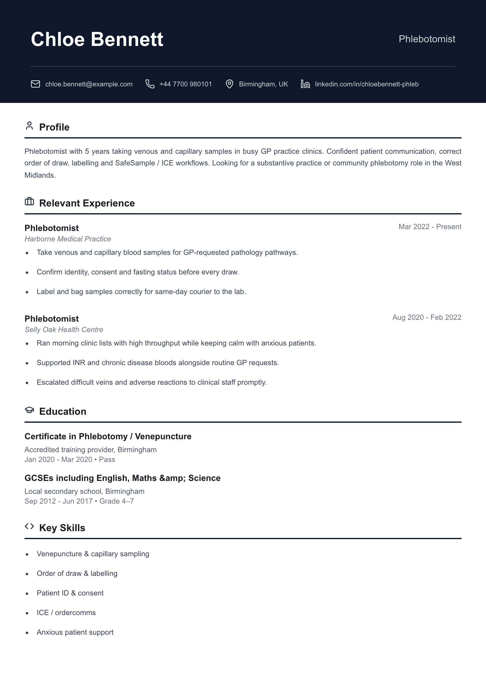GP practice phlebotomist CV template
