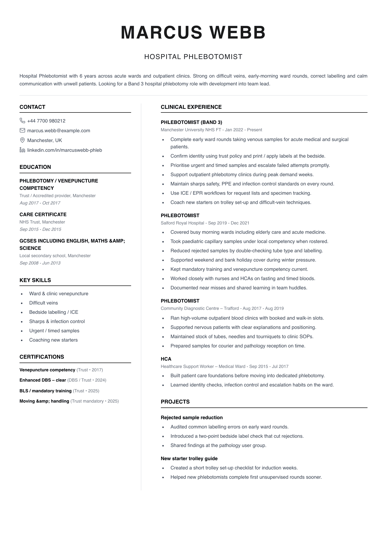 hospital phlebotomist CV template