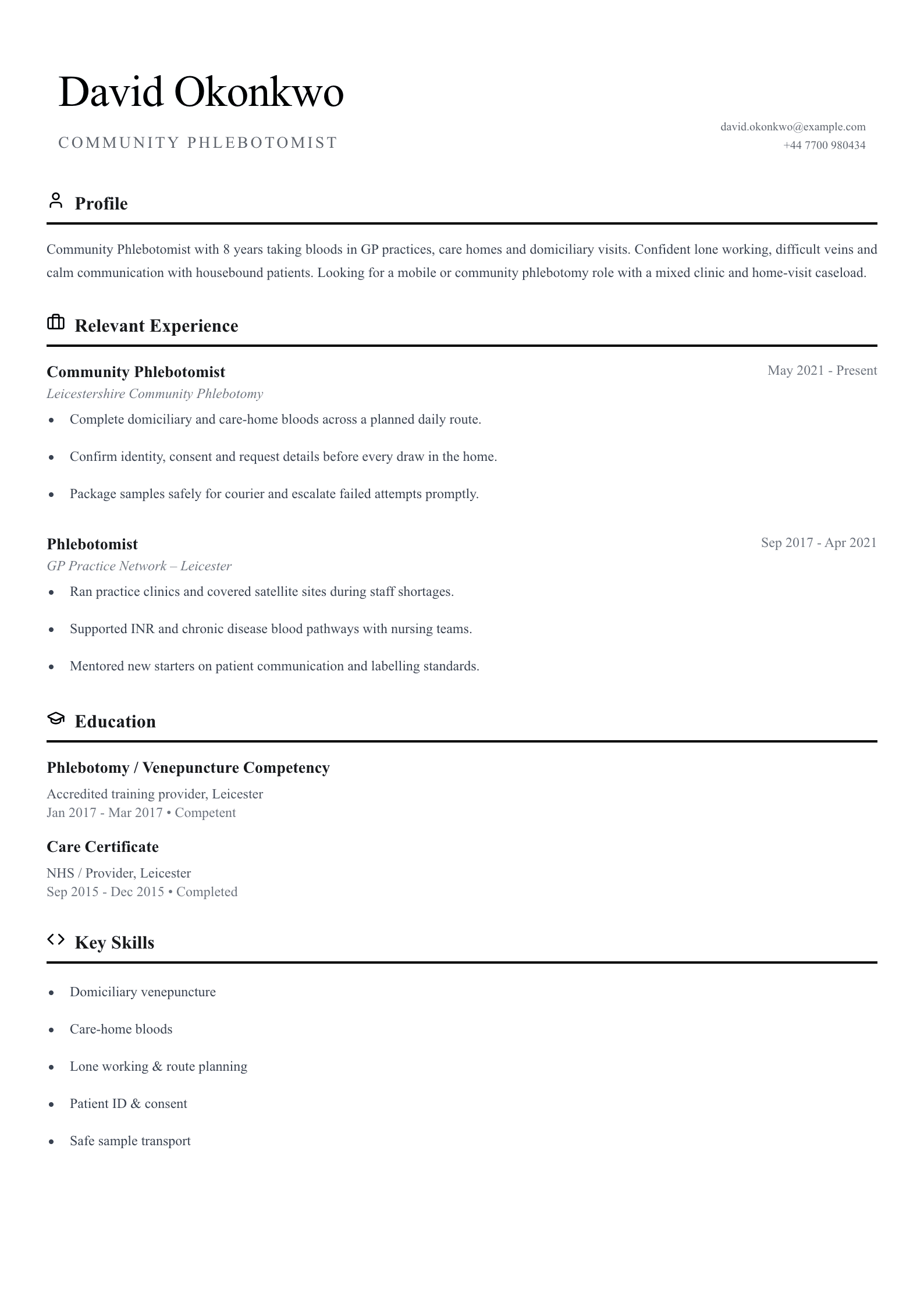 Community phlebotomist CV template
