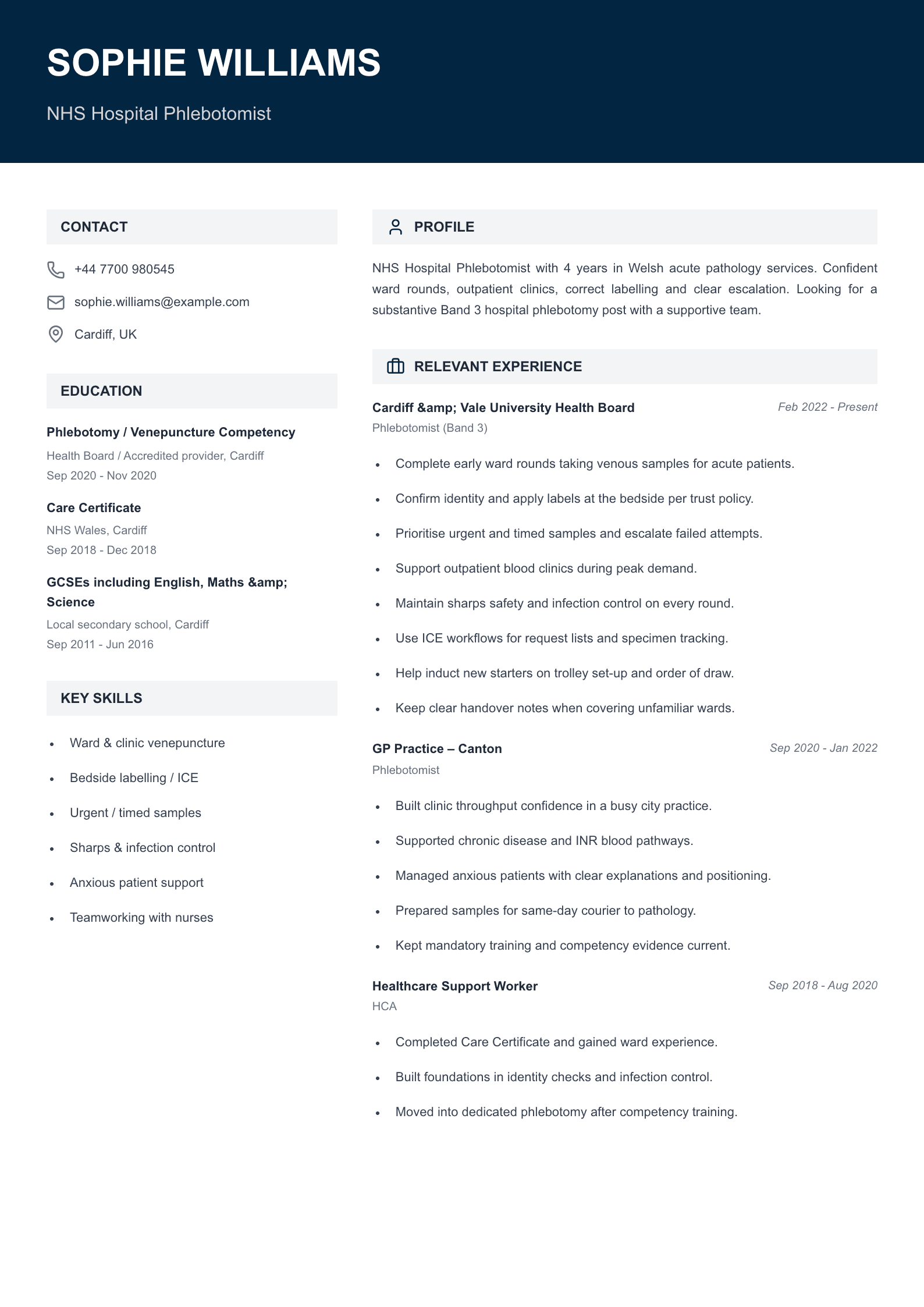 NHS hospital phlebotomist CV template