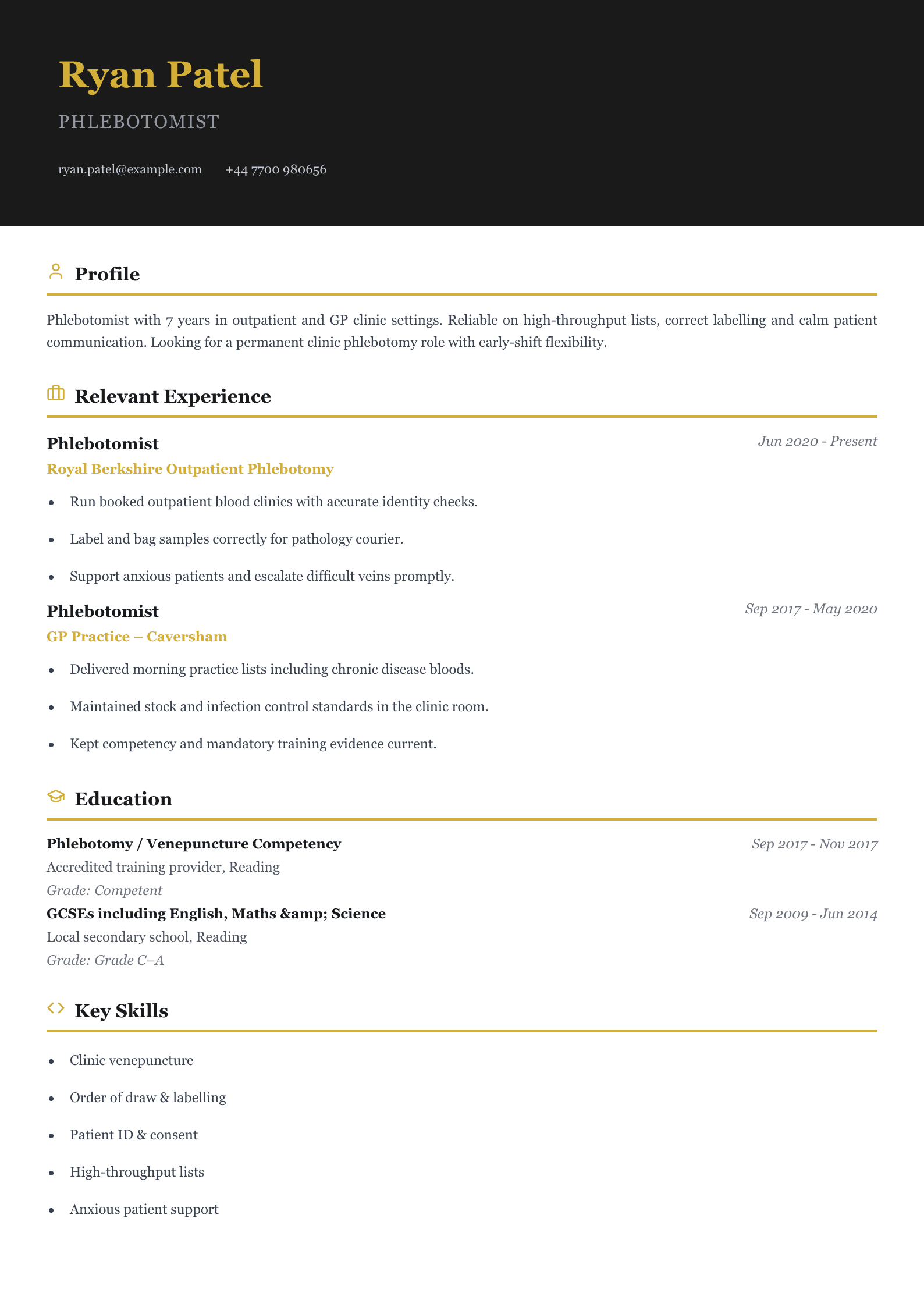 clinic phlebotomist CV template