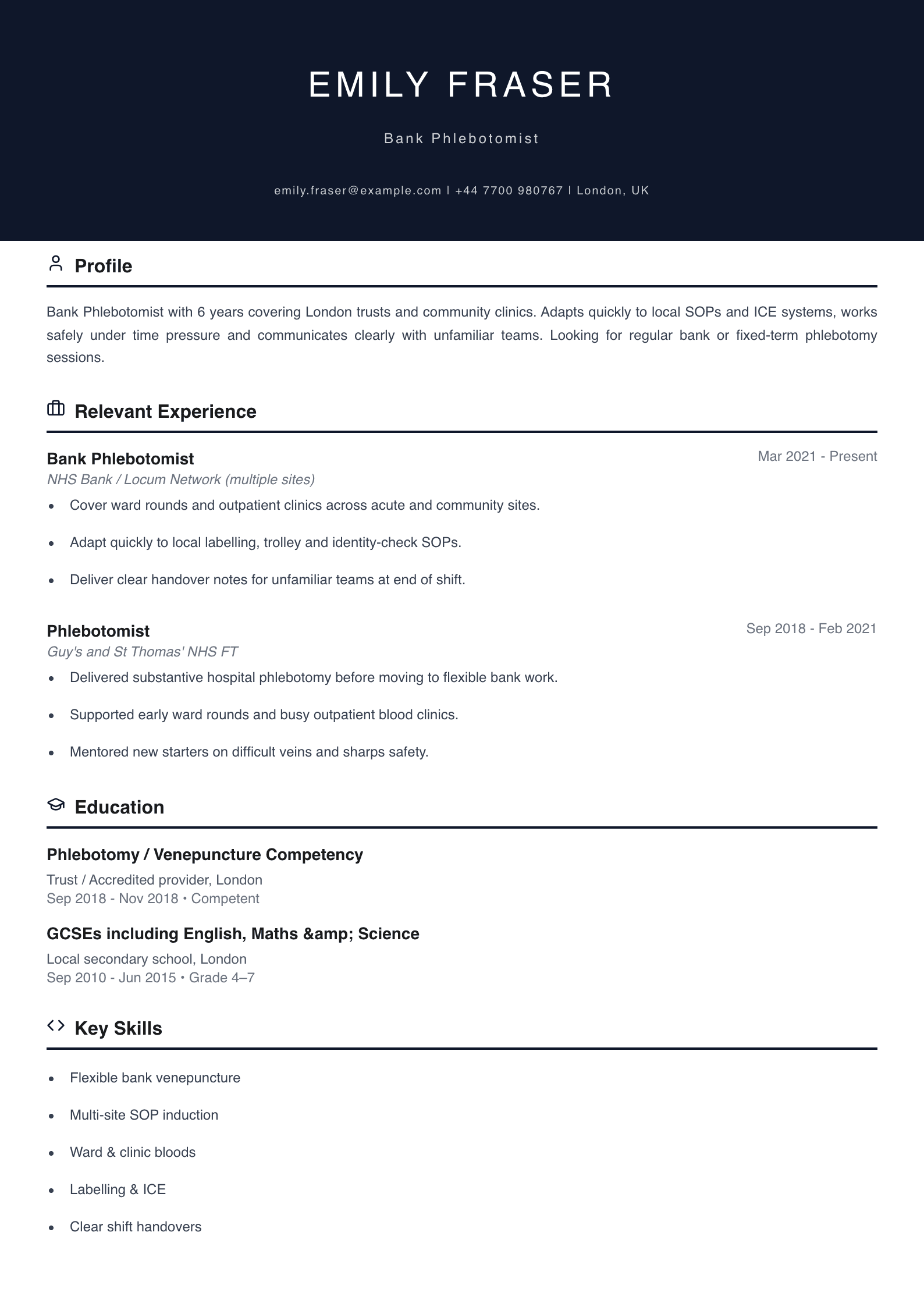 bank phlebotomist CV template