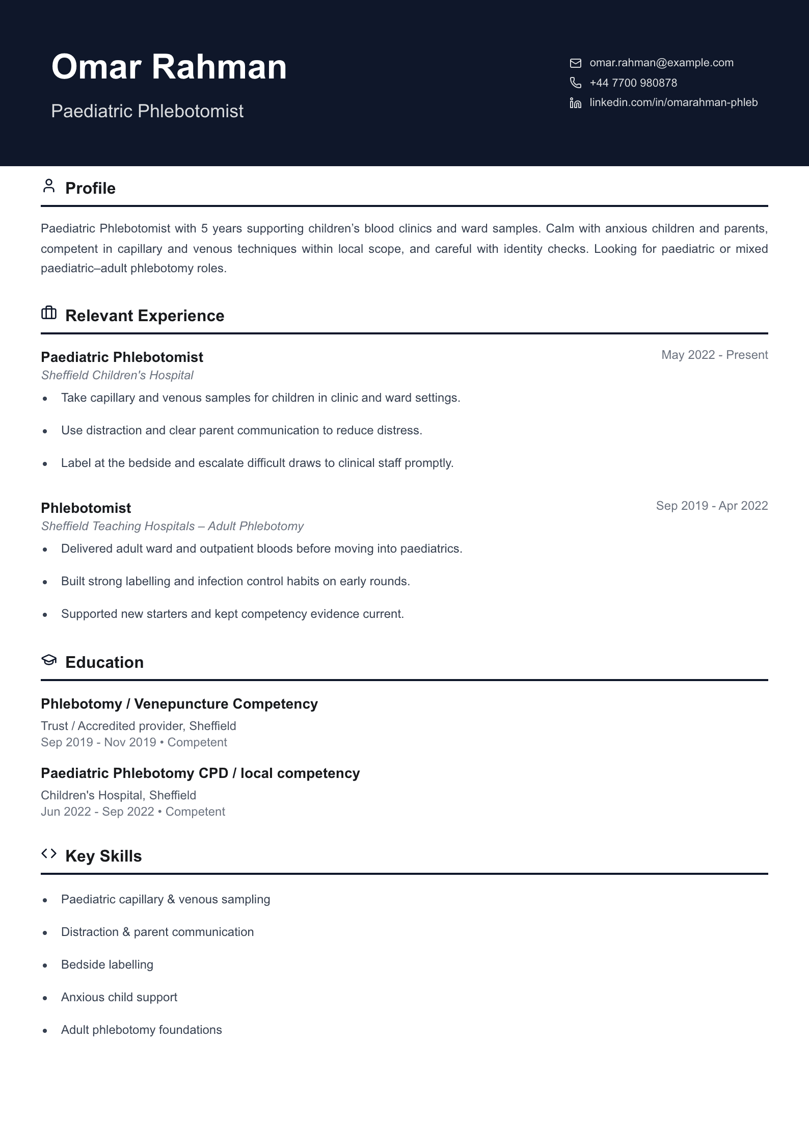 paediatric phlebotomist CV template