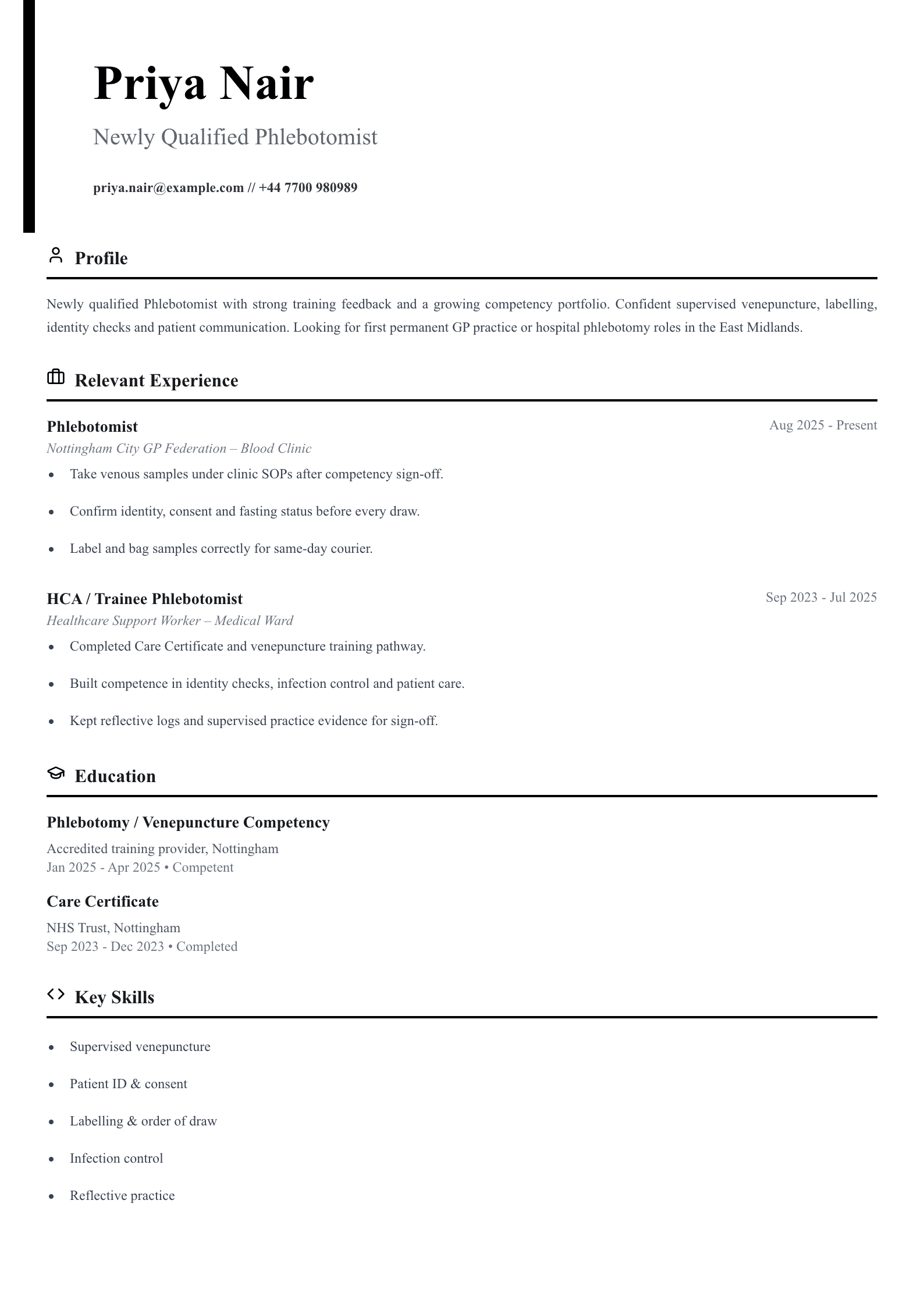 newly qualified phlebotomist CV template