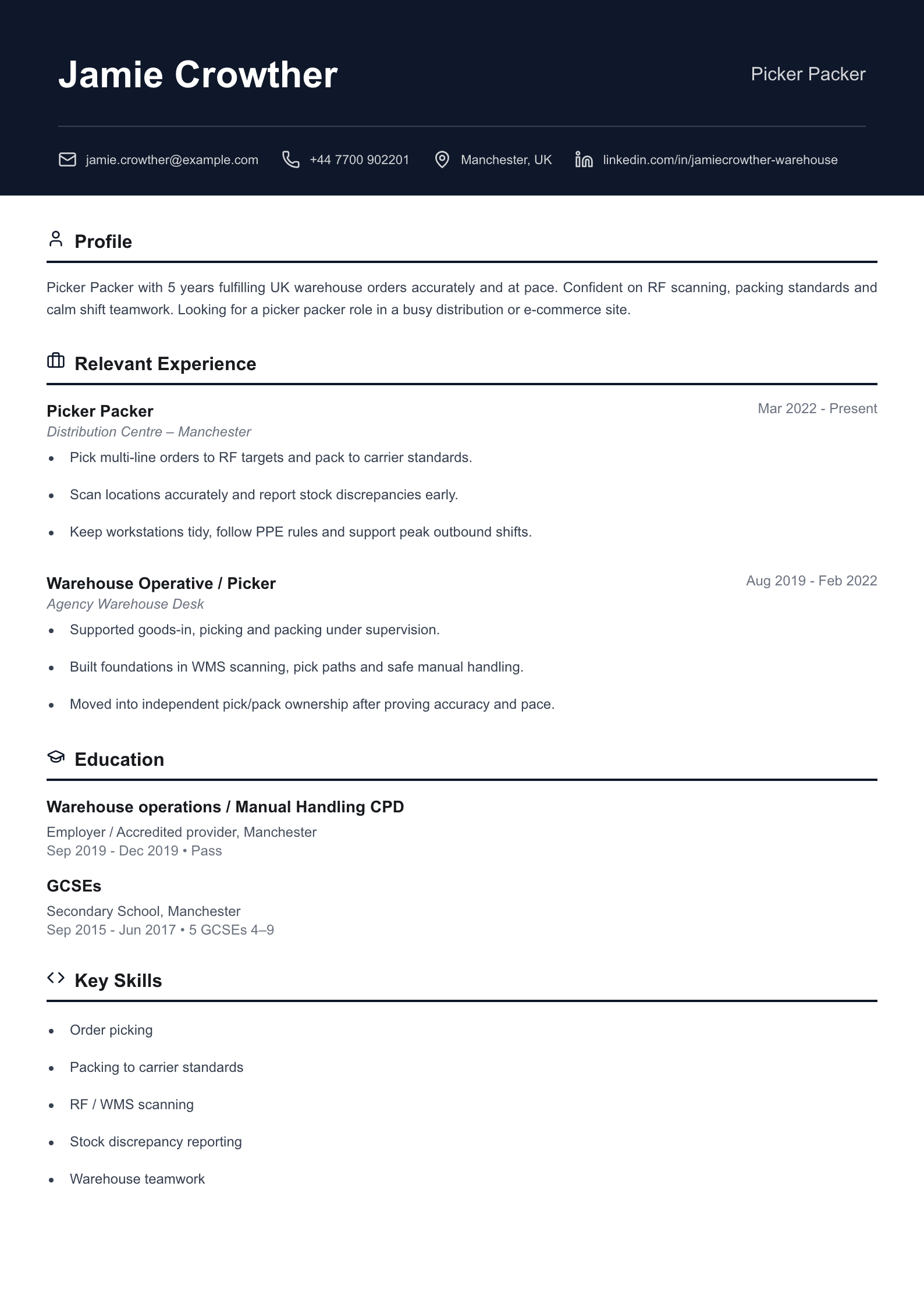 Picker packer CV template