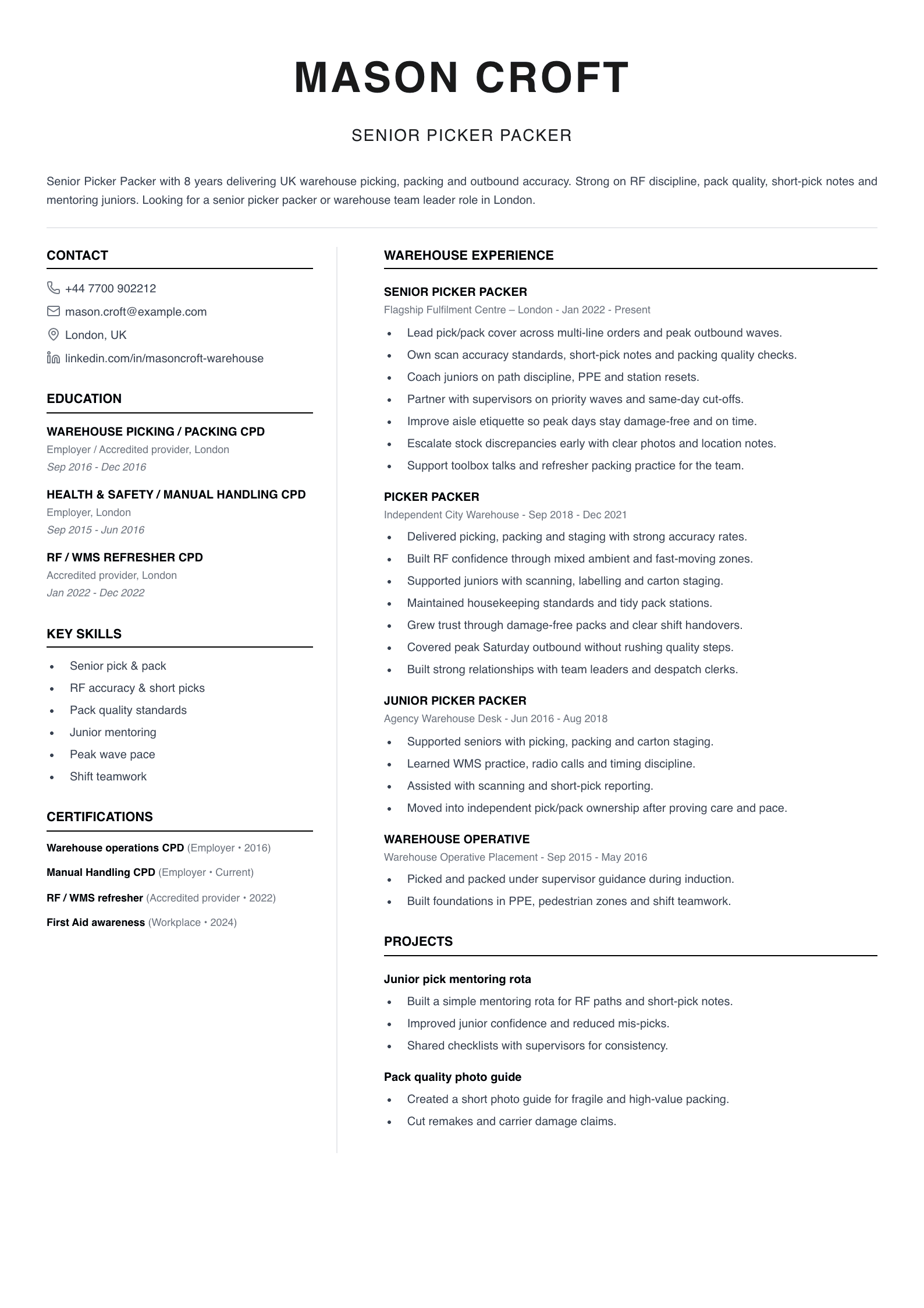 senior picker packer CV template