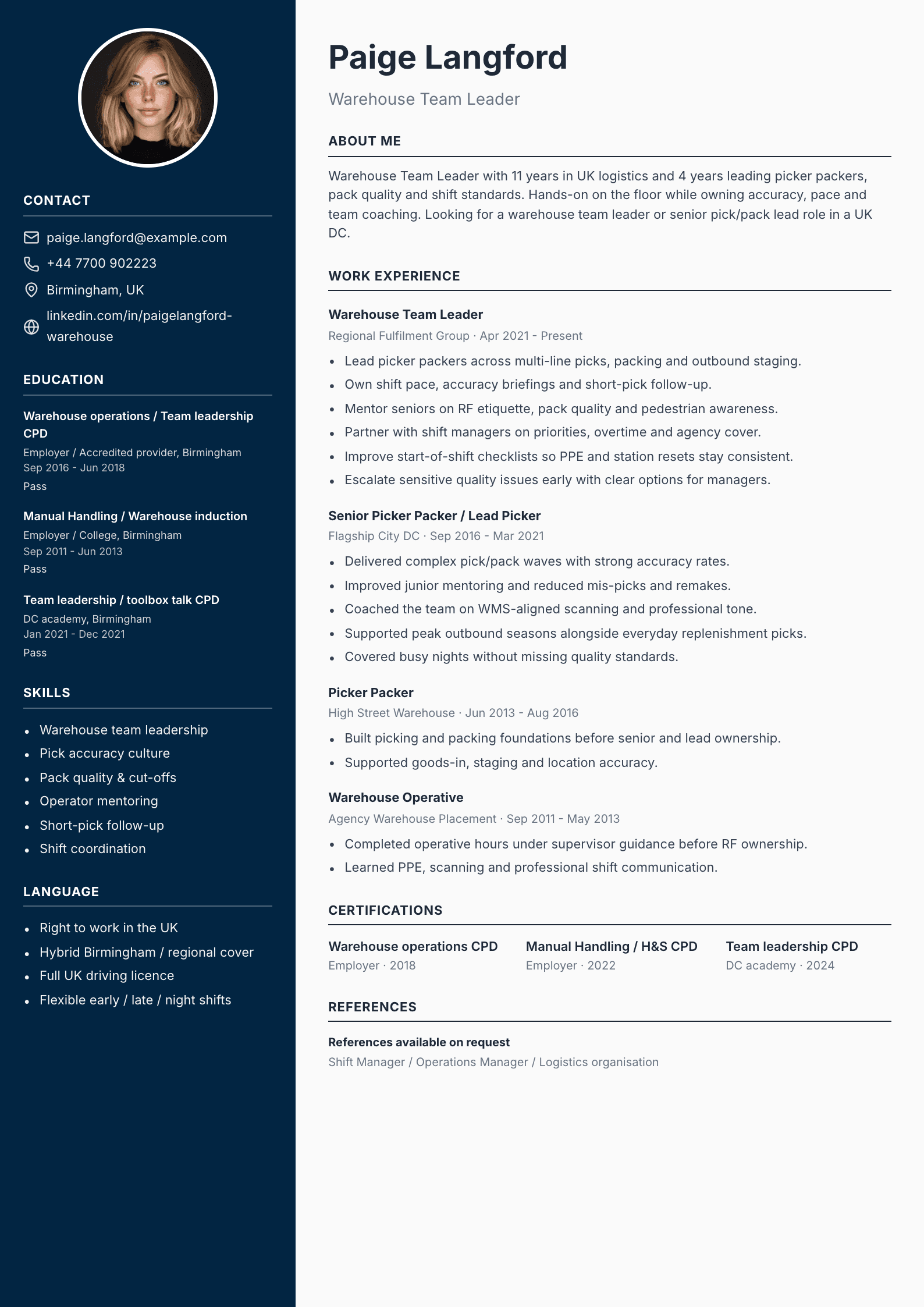 Warehouse team leader CV template