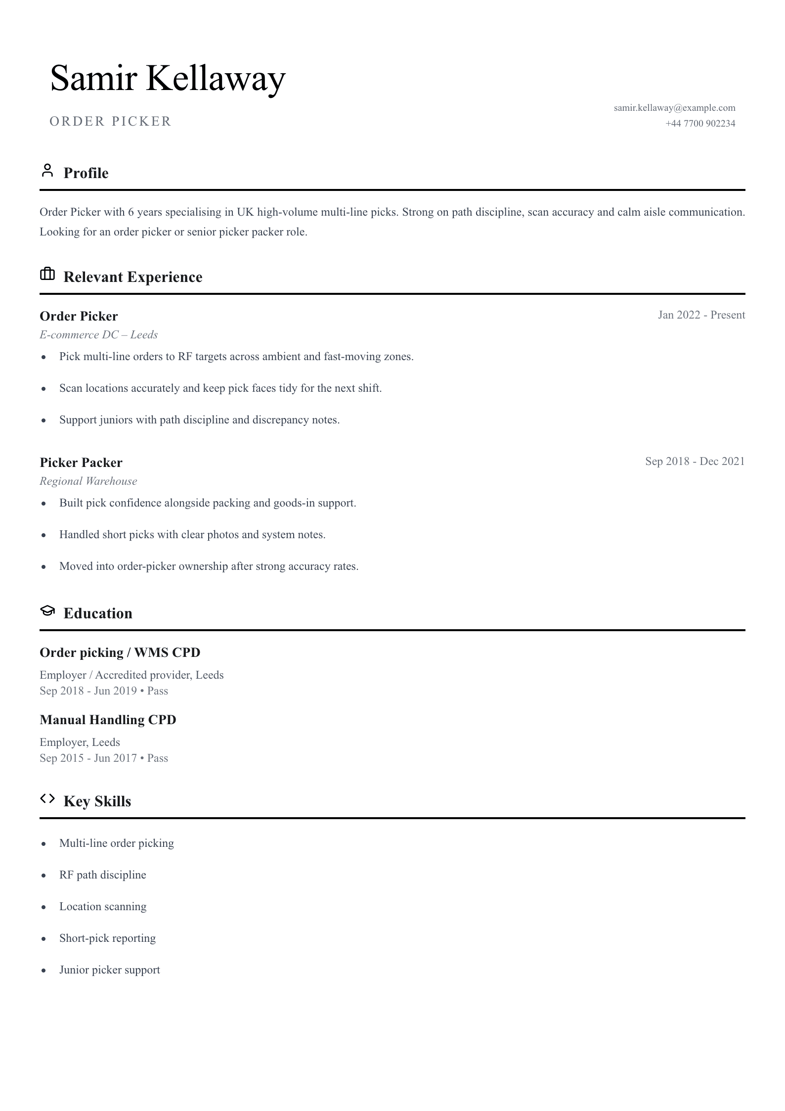 Order picker CV template