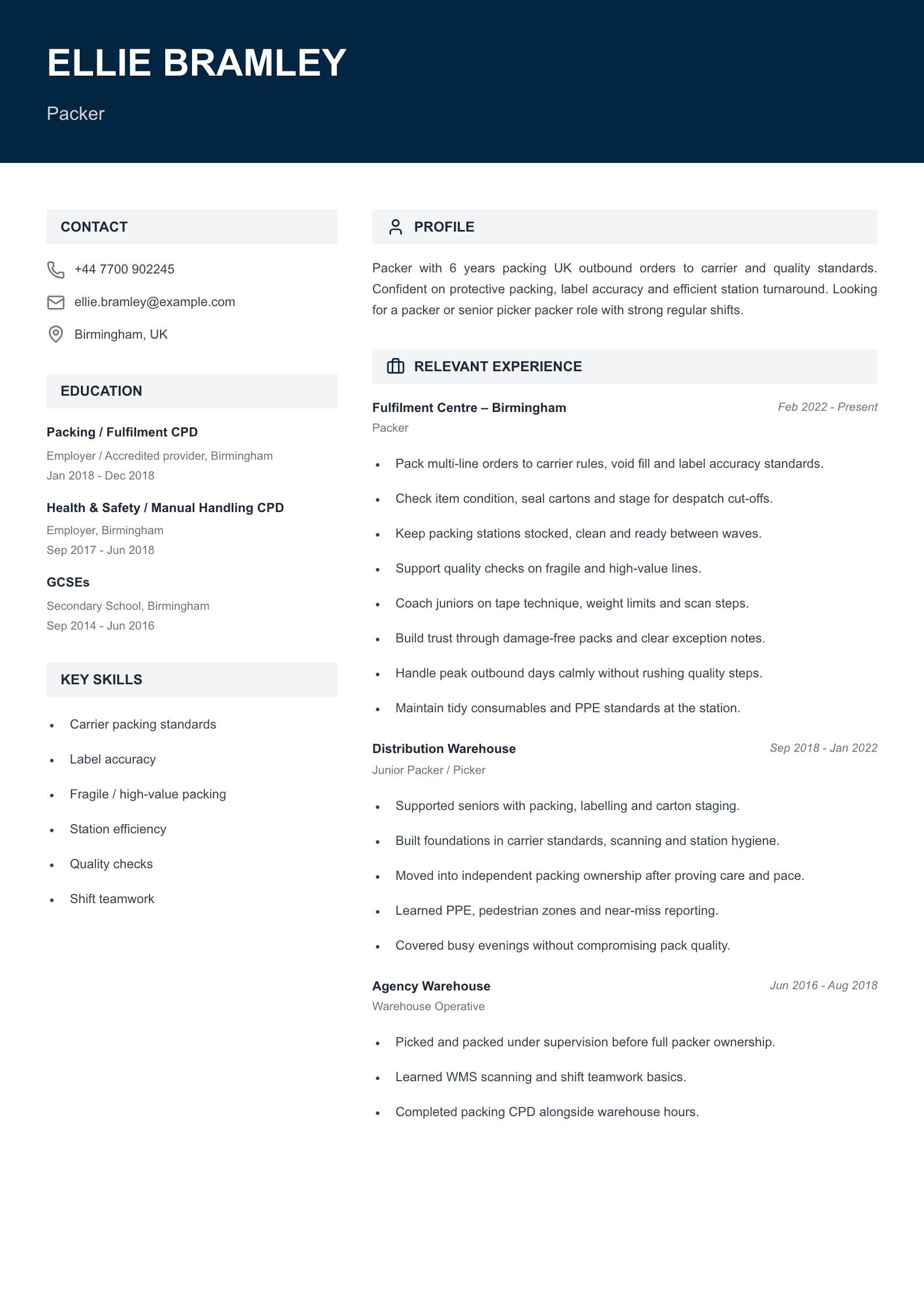 packer CV template