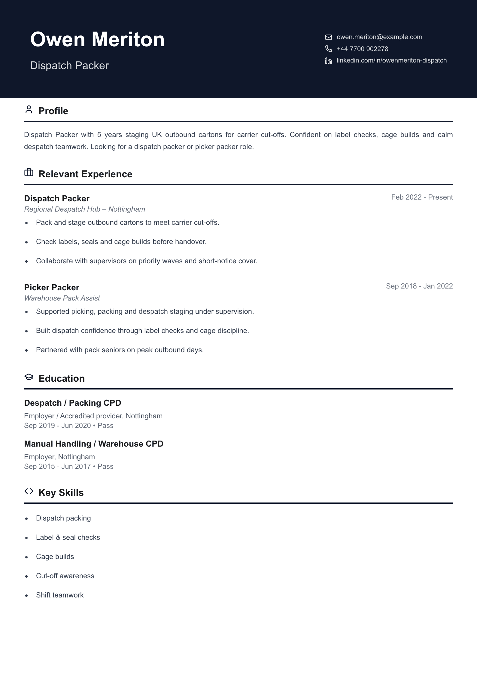 dispatch packer CV template