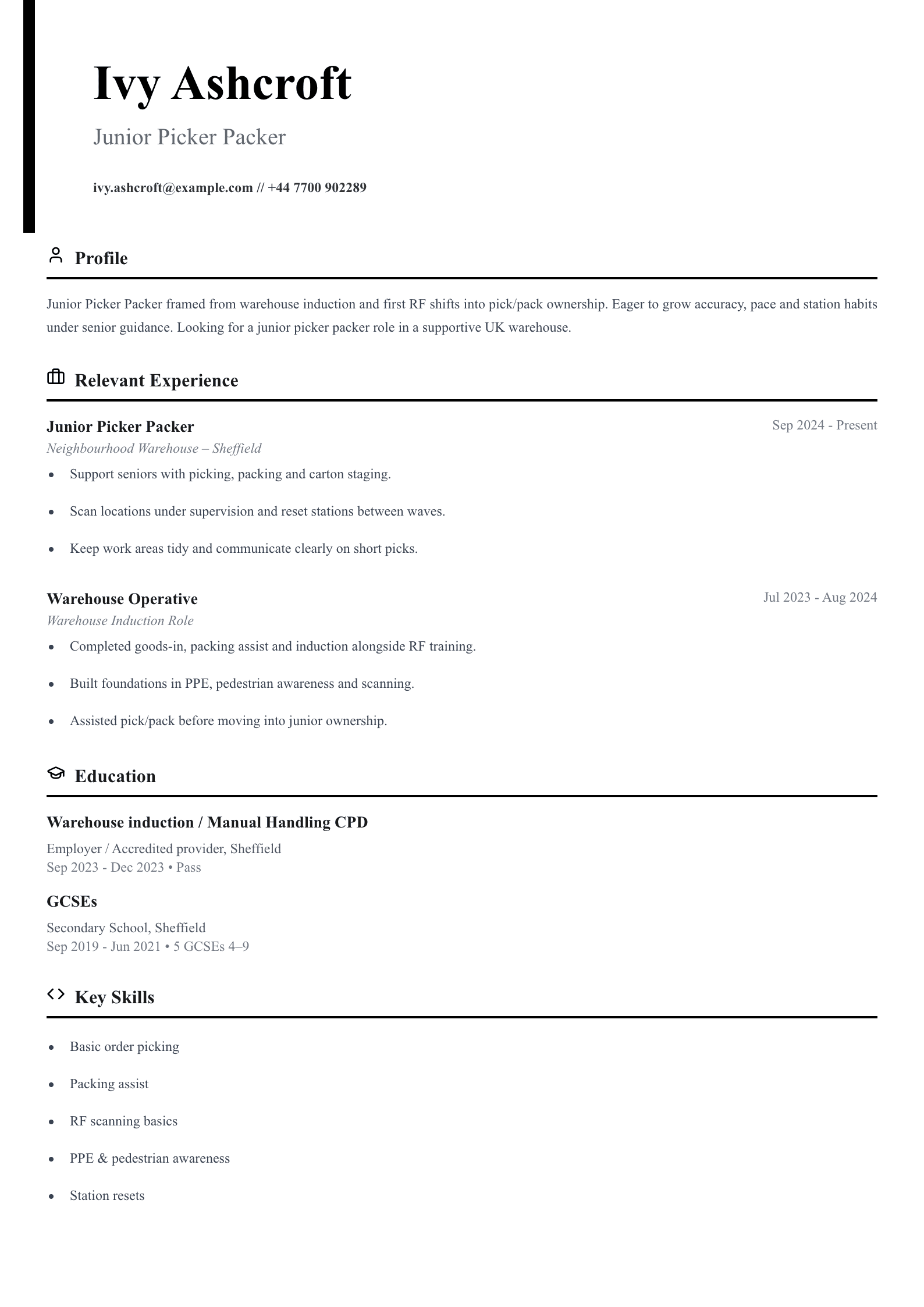 junior picker packer CV template